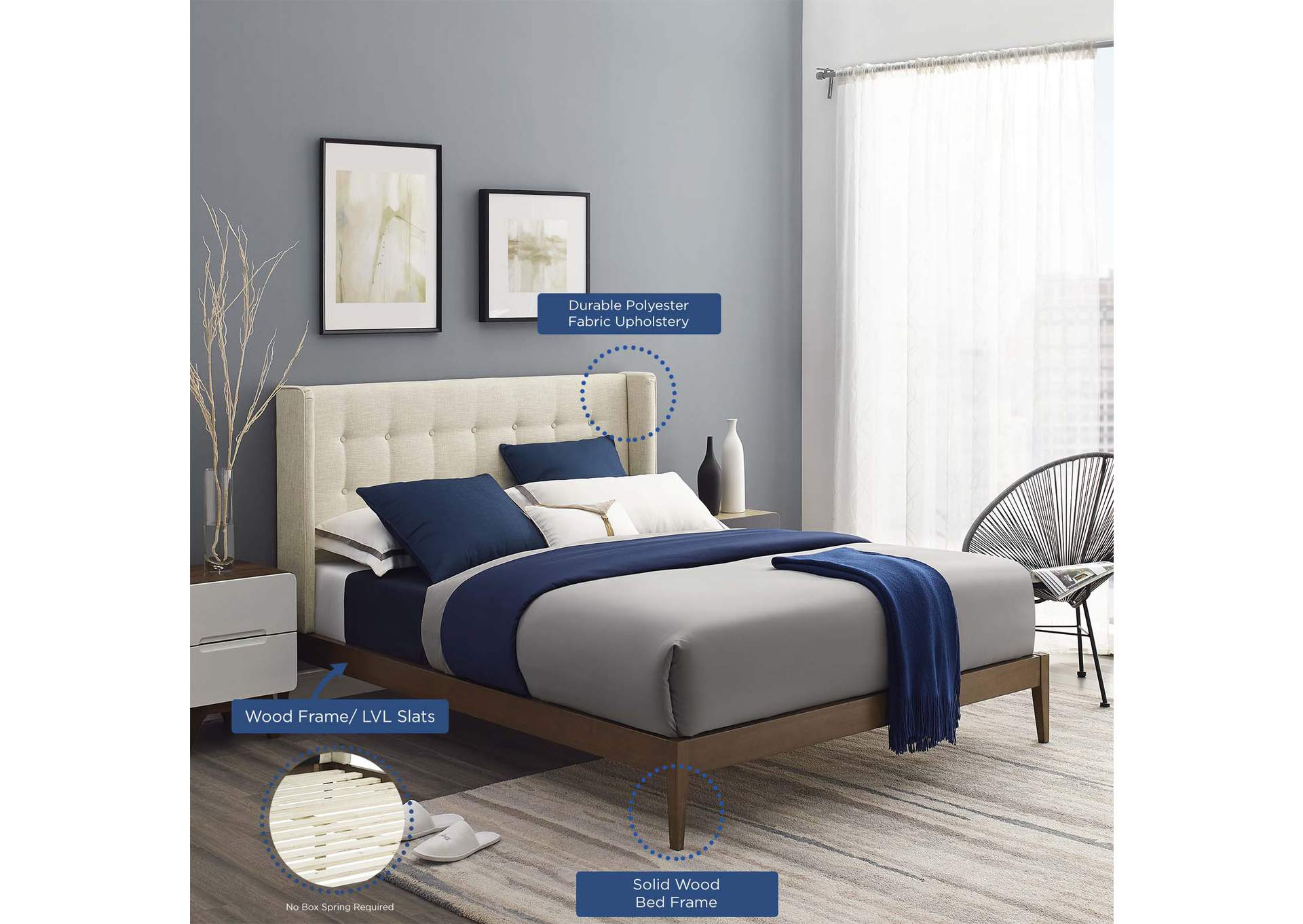 Beige Hadley Queen Wingback Upholstered Polyester Fabric Platform Bed,Modway