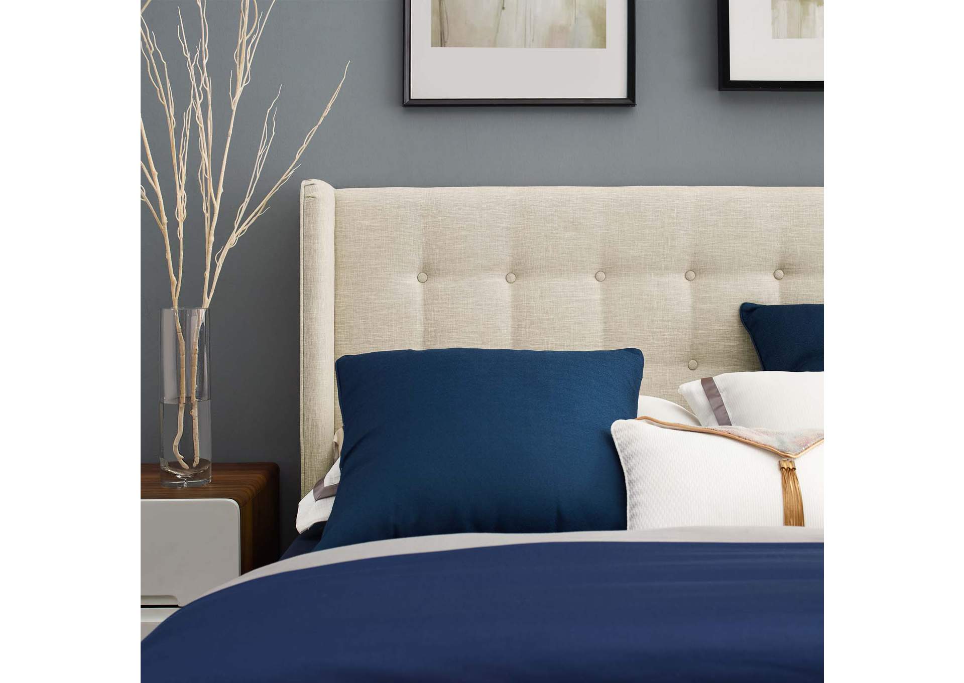Beige Hadley Queen Wingback Upholstered Polyester Fabric Platform Bed,Modway
