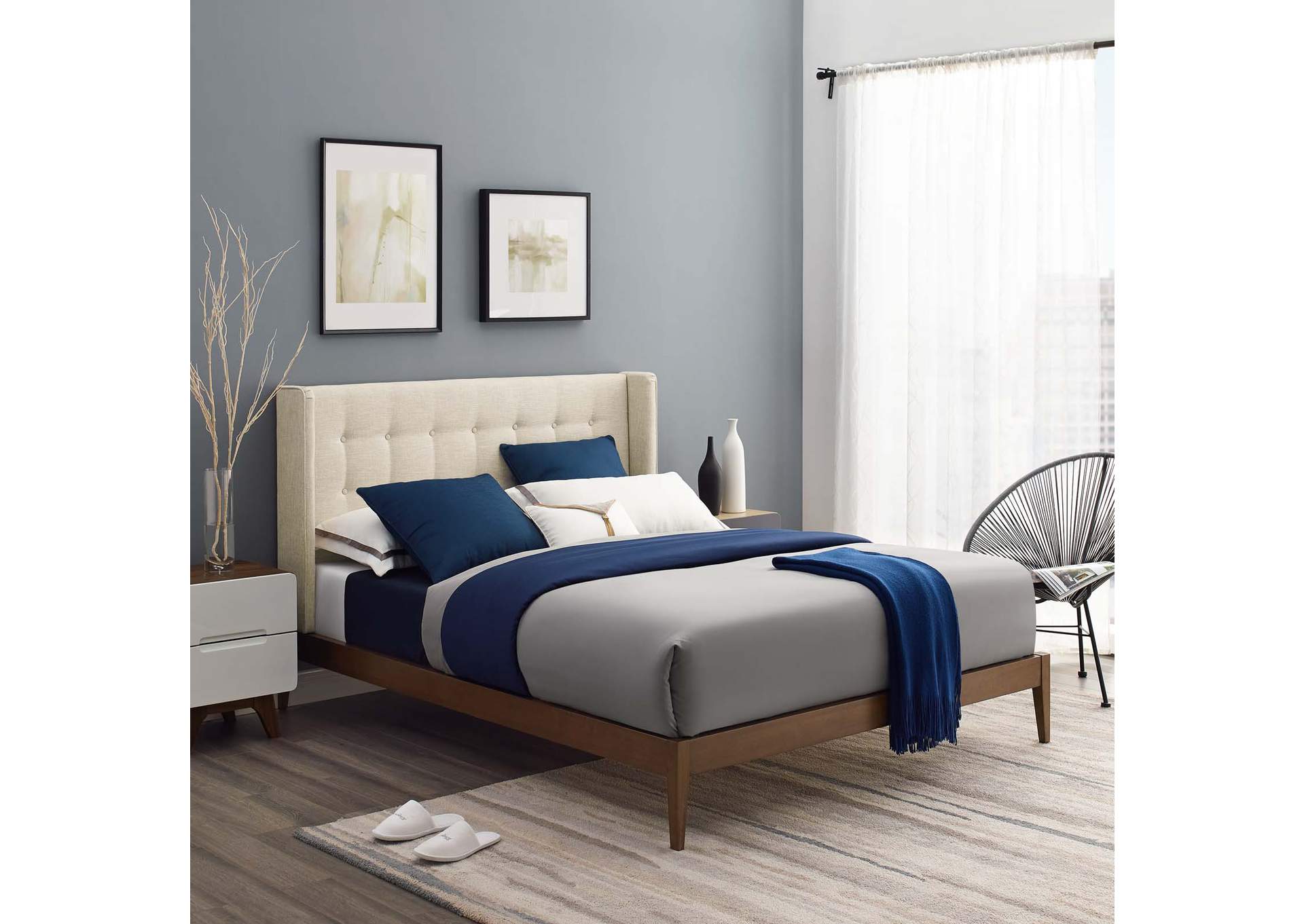 Beige Hadley Queen Wingback Upholstered Polyester Fabric Platform Bed,Modway