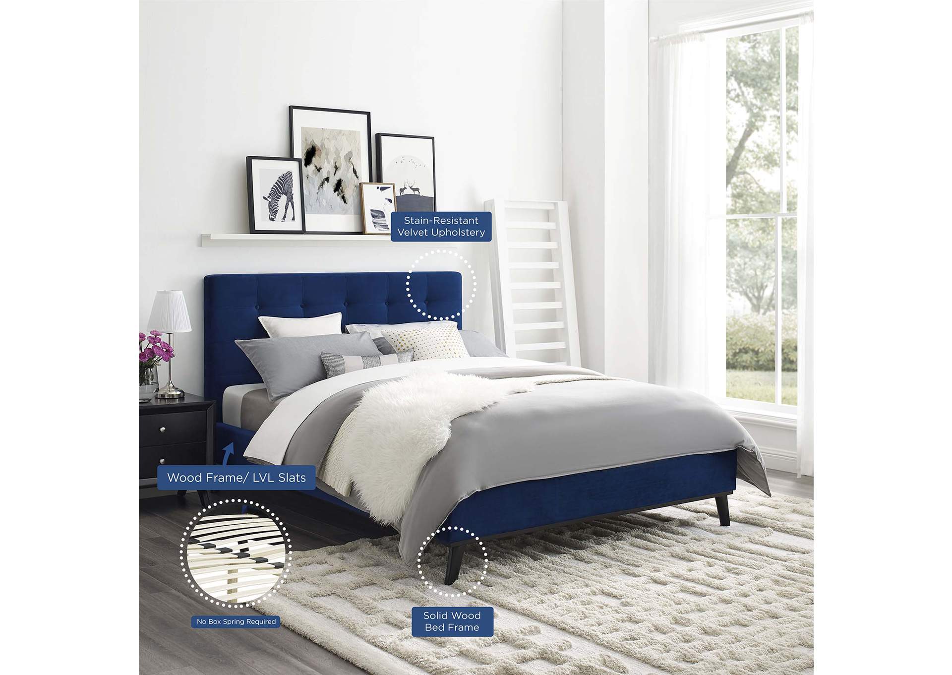 Navy McKenzie Queen Biscuit Tufted Performance Velvet Platform Bed,Modway
