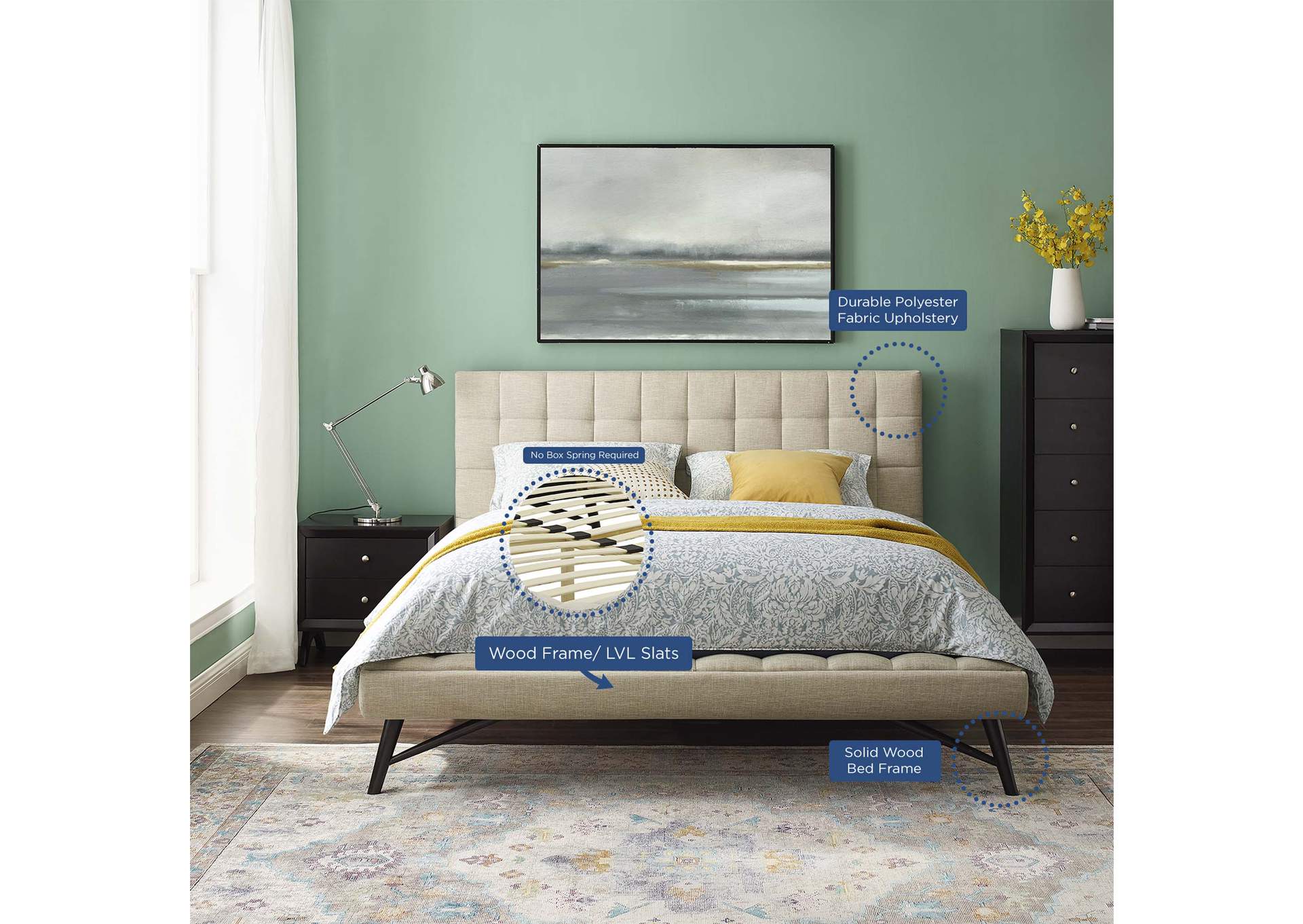 Beige Julia Queen Biscuit Tufted Upholstered Fabric Platform Bed,Modway