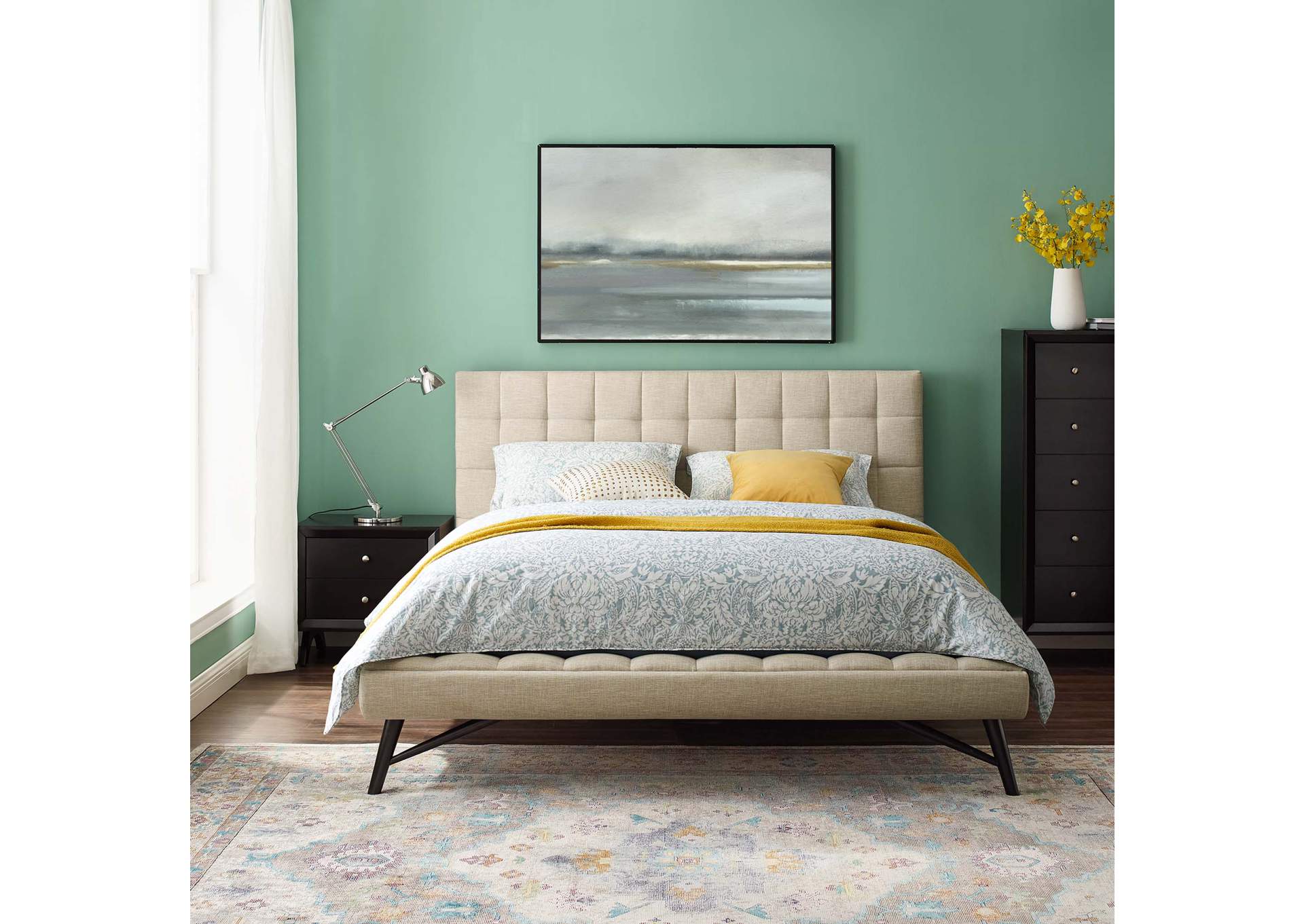 Beige Julia Queen Biscuit Tufted Upholstered Fabric Platform Bed,Modway