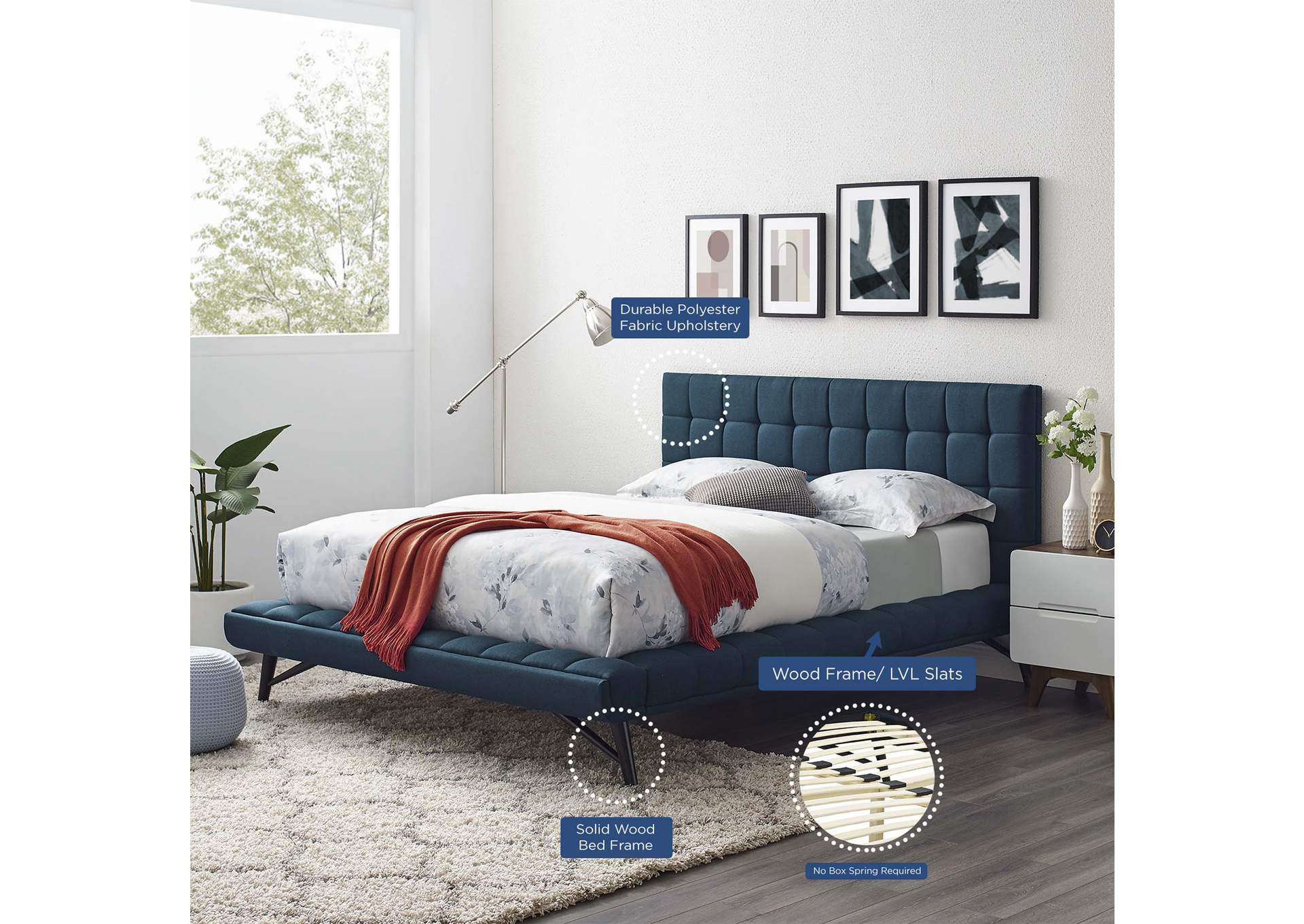 Blue Julia Queen Biscuit Tufted Upholstered Fabric Platform Bed,Modway