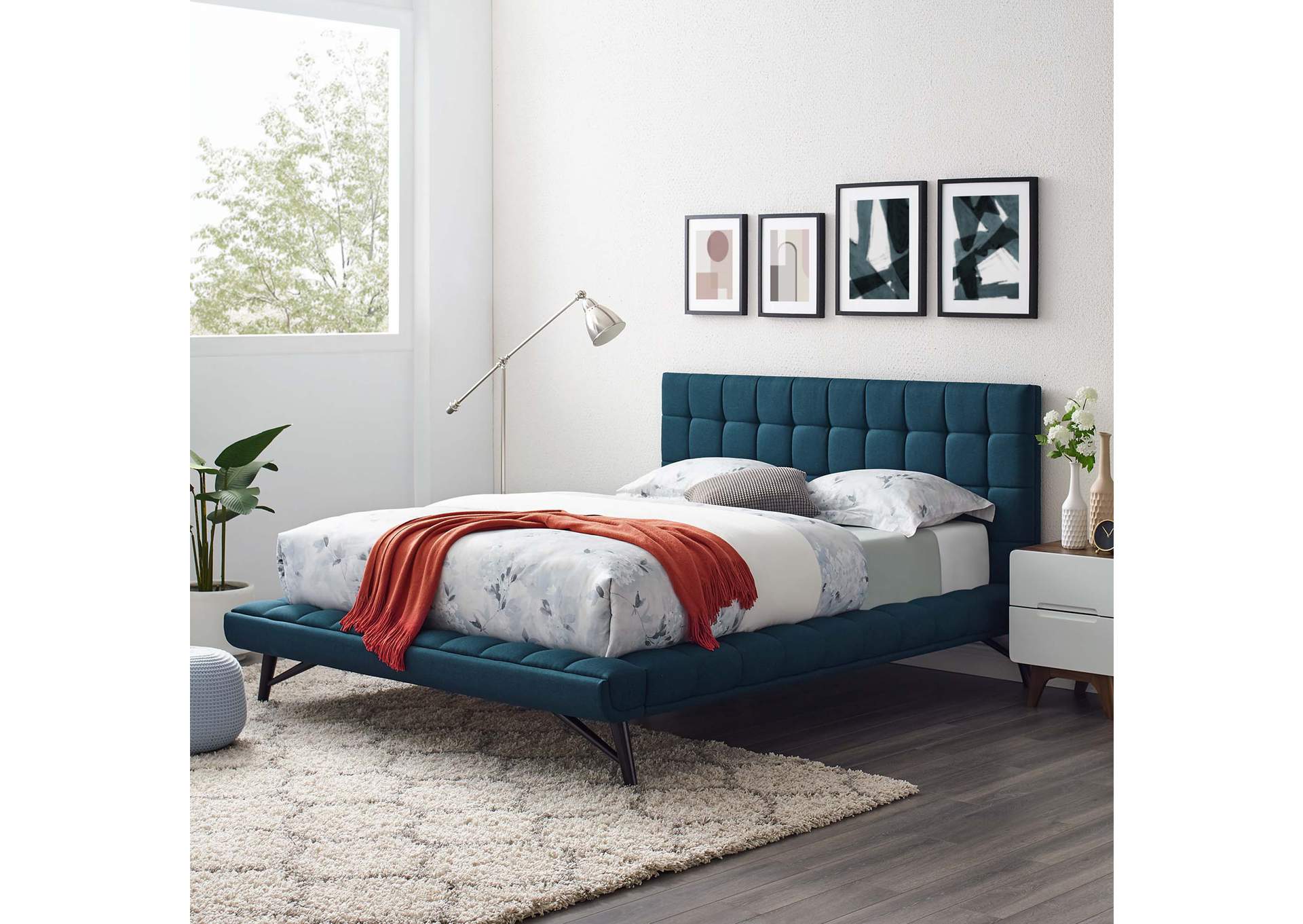 Blue Julia Queen Biscuit Tufted Upholstered Fabric Platform Bed,Modway