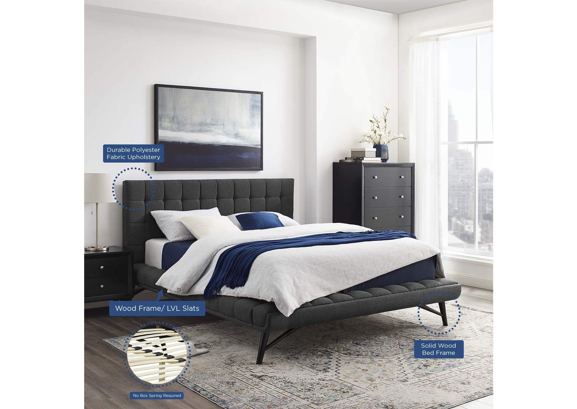 Gray Julia Queen Biscuit Tufted Upholstered Fabric Platform Bed,Modway