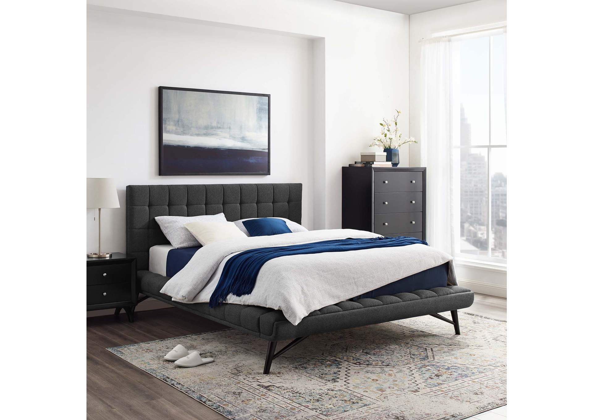 Gray Julia Queen Biscuit Tufted Upholstered Fabric Platform Bed,Modway
