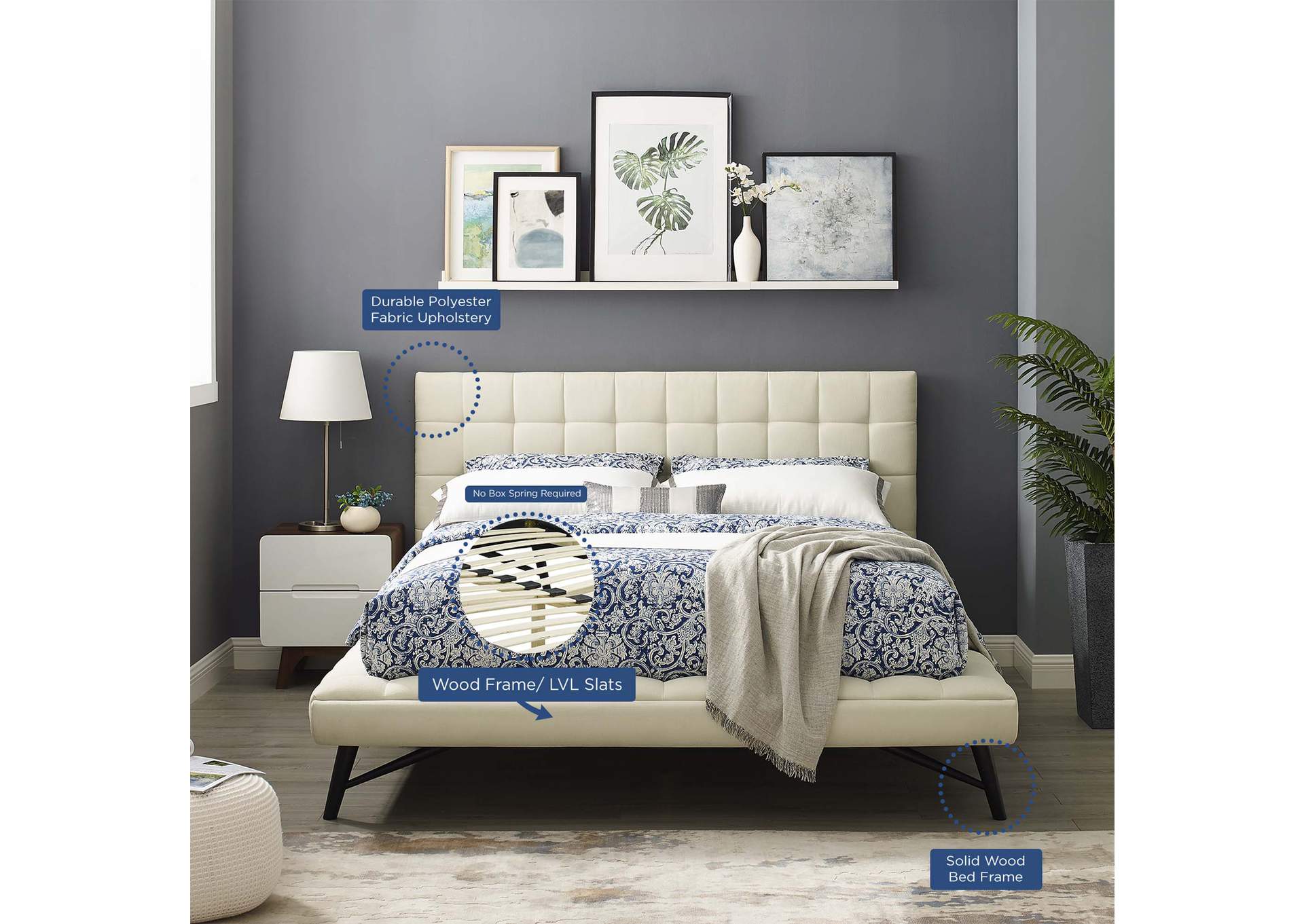 Ivory Julia Queen Biscuit Tufted Upholstered Fabric Platform Bed,Modway
