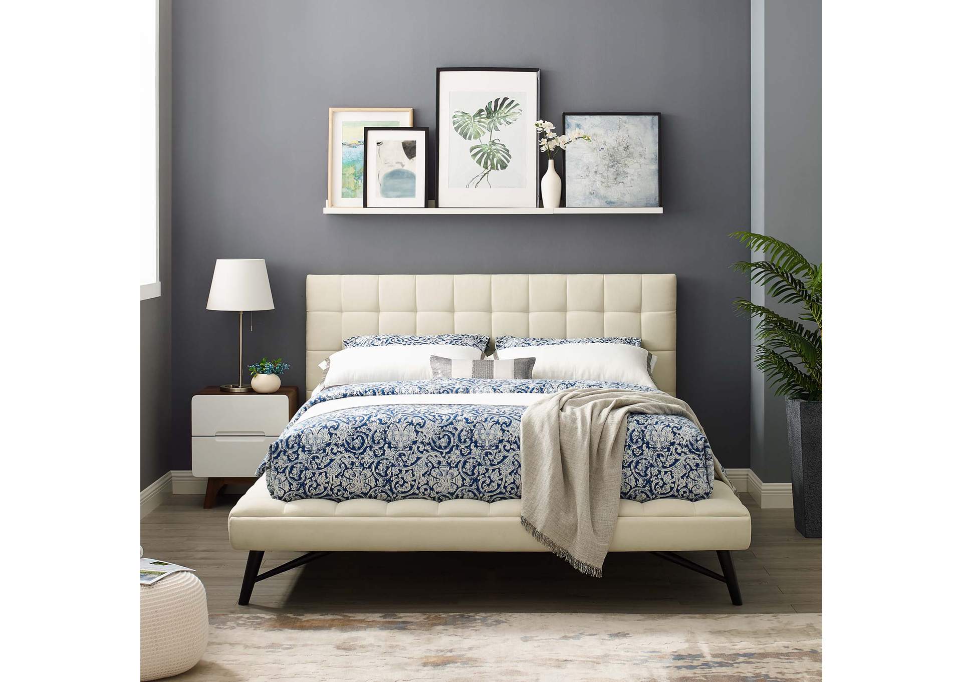 Ivory Julia Queen Biscuit Tufted Upholstered Fabric Platform Bed,Modway