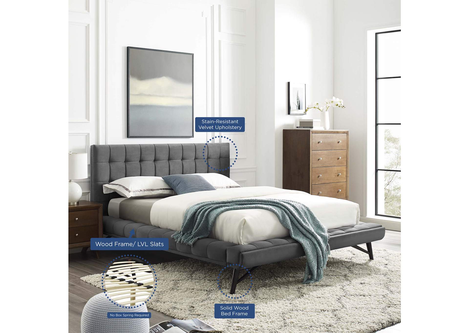 Julia Gray Queen Biscuit Tufted Performance Velvet Platform Bed,Modway