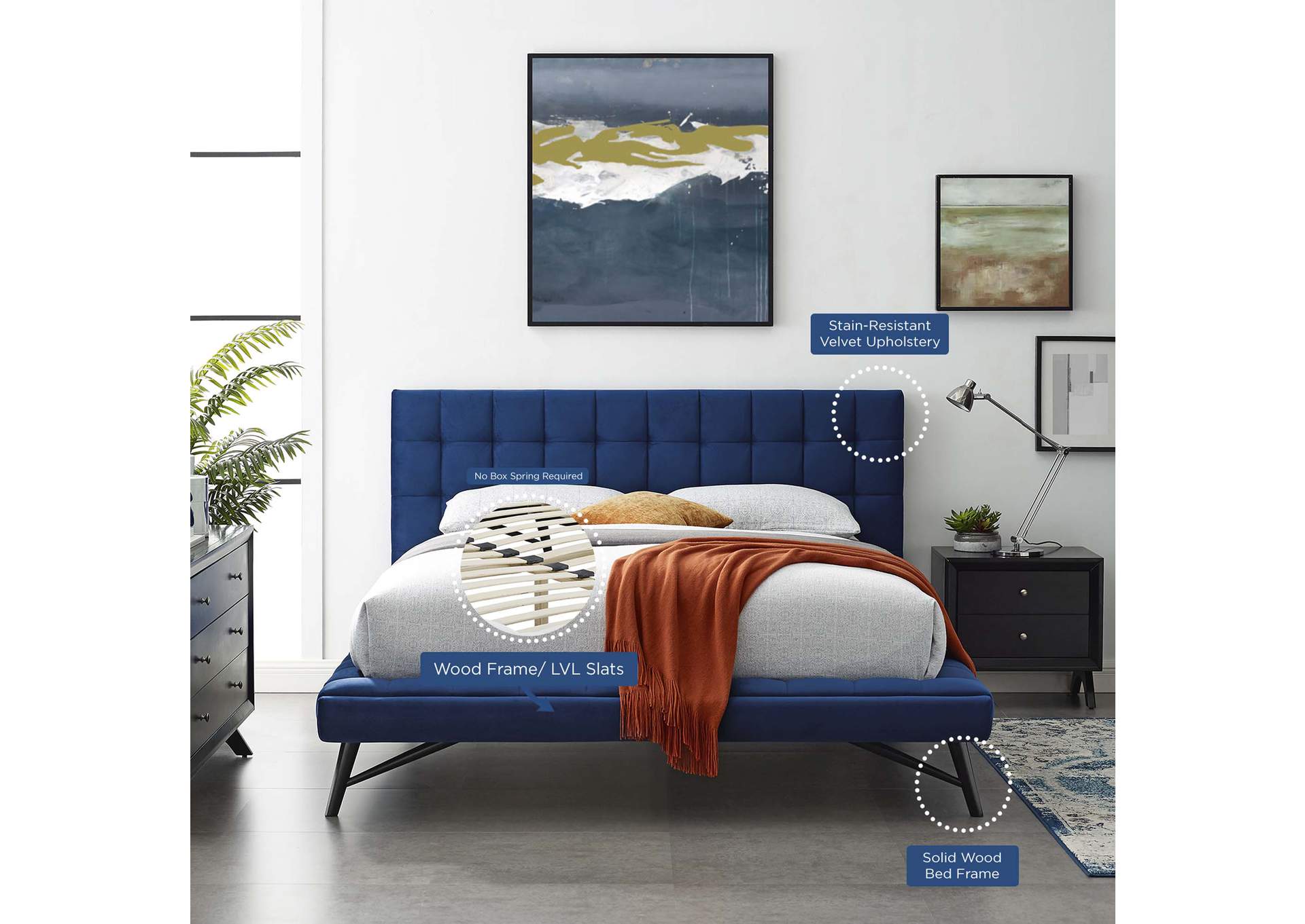 Navy Julia Queen Biscuit Tufted Performance Velvet Platform Bed,Modway