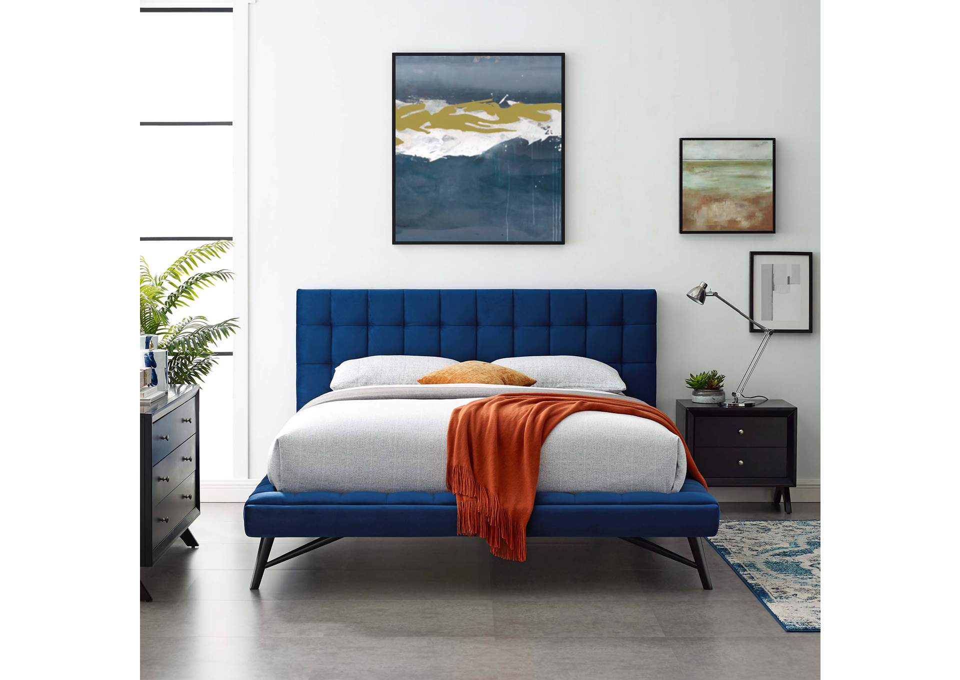 Navy Julia Queen Biscuit Tufted Performance Velvet Platform Bed,Modway