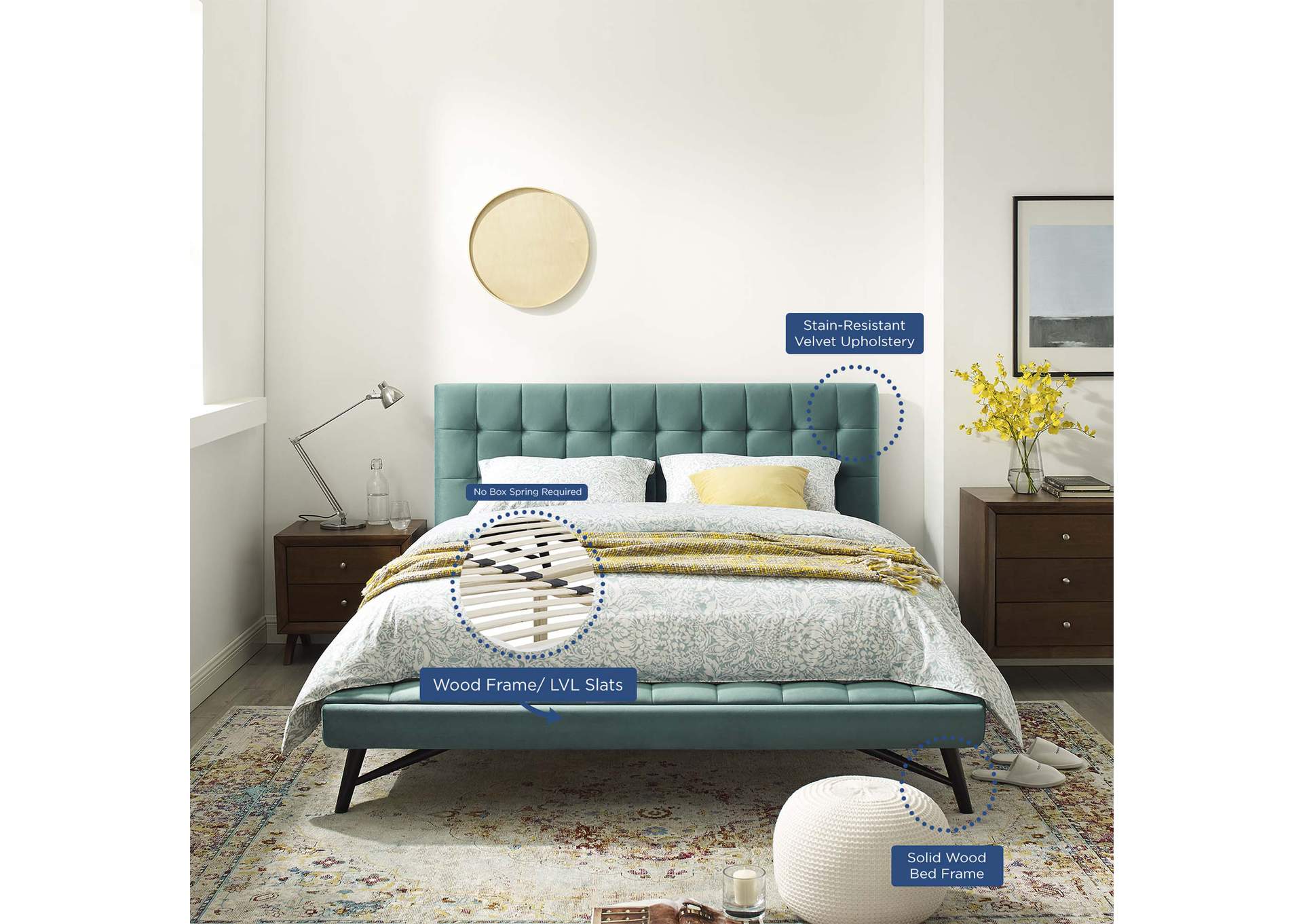 Teal Julia Queen Biscuit Tufted Performance Velvet Platform Bed,Modway