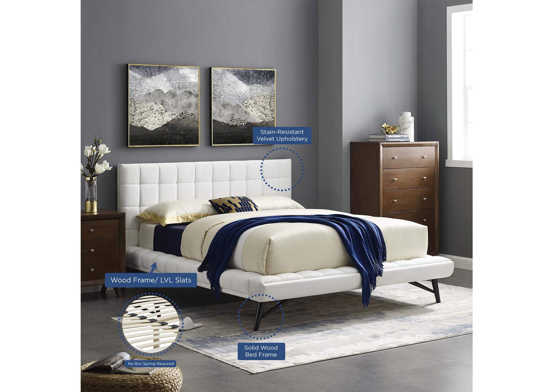 White Julia Queen Biscuit Tufted Performance Velvet Platform Bed,Modway
