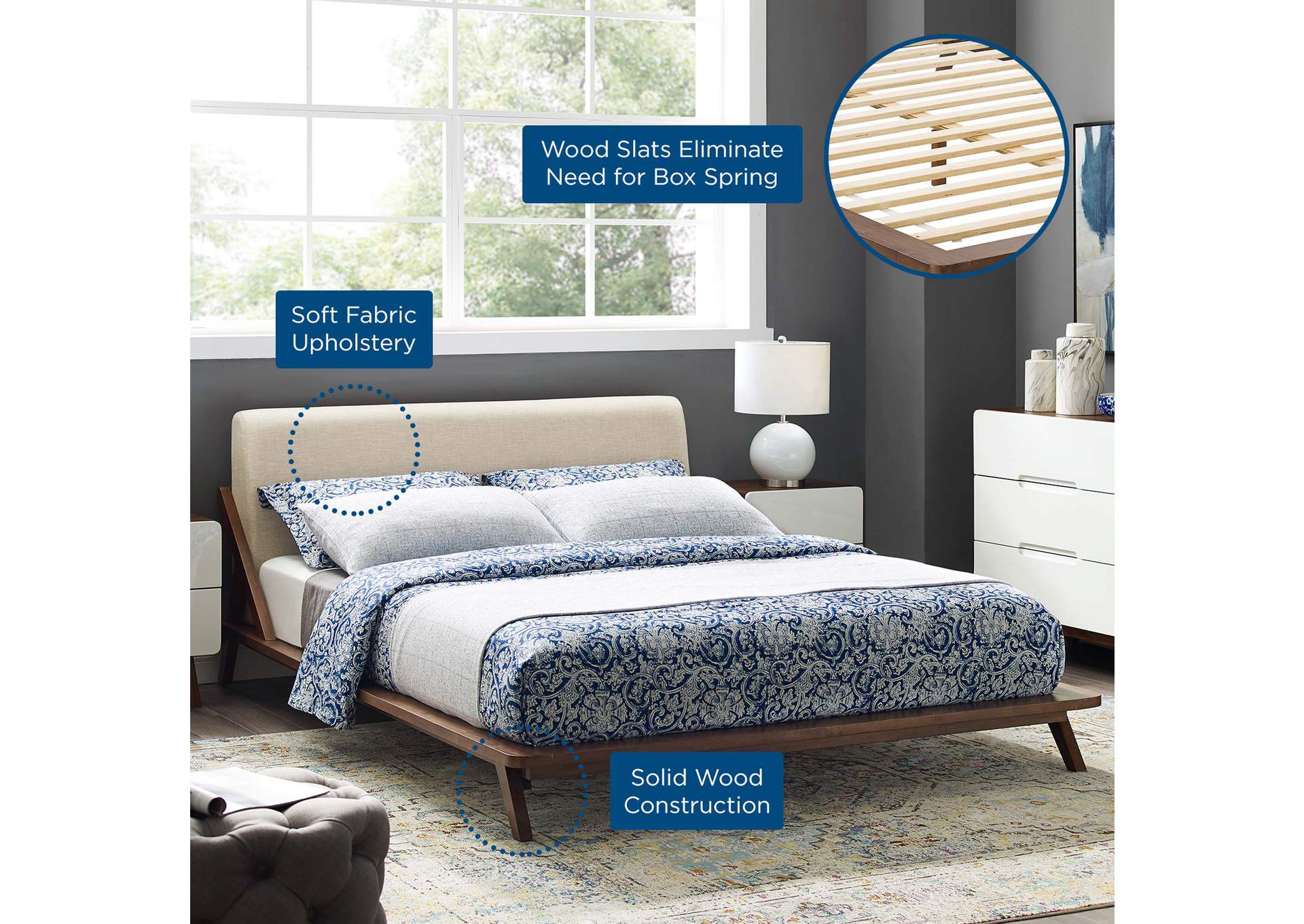 Walnut Beige Luella Queen Upholstered Fabric Platform Bed,Modway