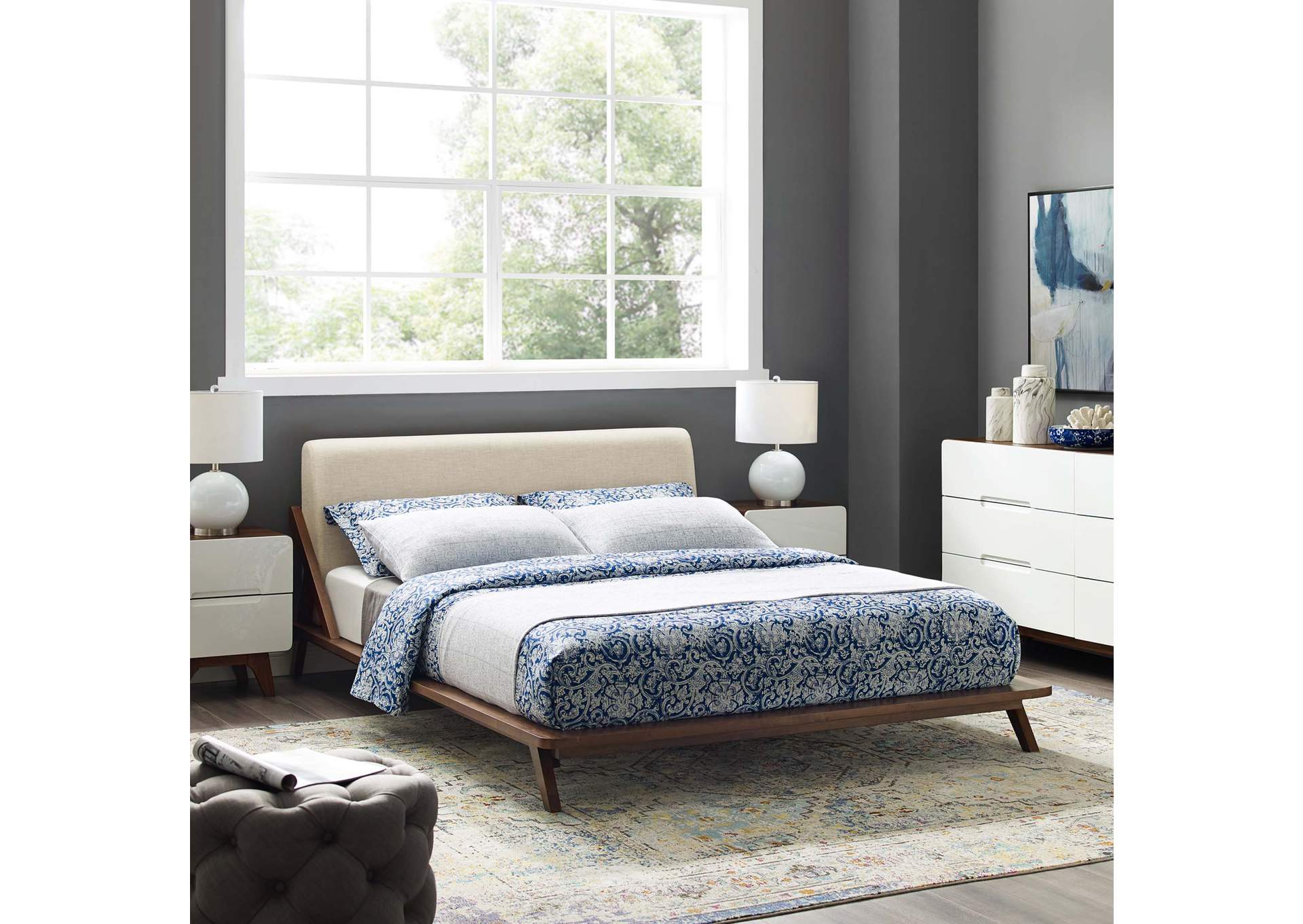 Walnut Beige Luella Queen Upholstered Fabric Platform Bed,Modway