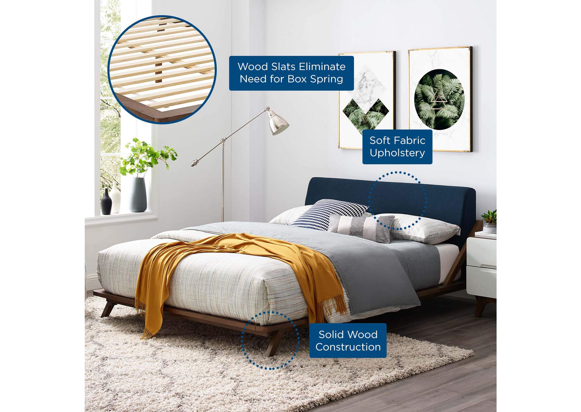 Walnut Blue Luella Queen Upholstered Fabric Platform Bed,Modway