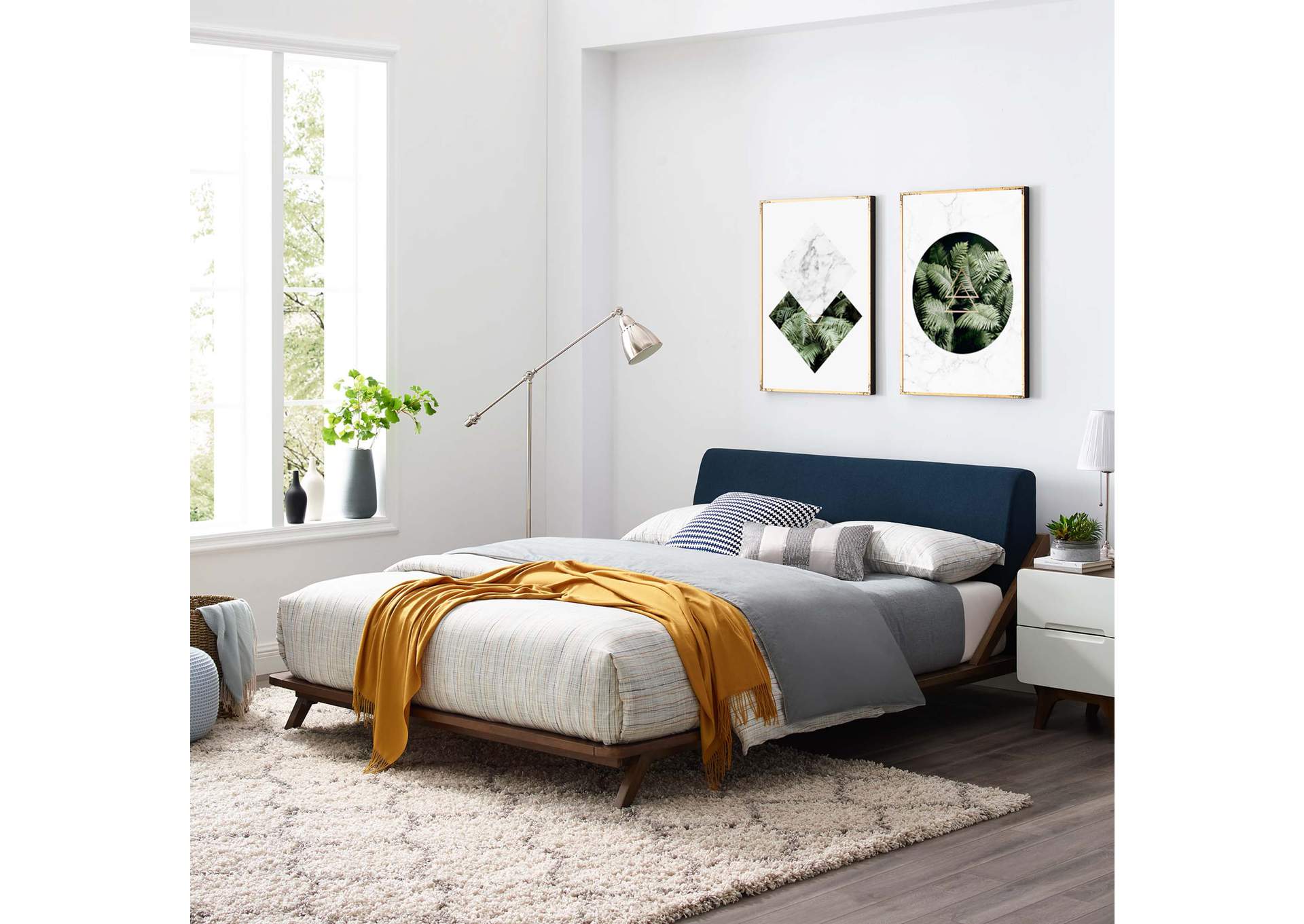 Walnut Blue Luella Queen Upholstered Fabric Platform Bed,Modway