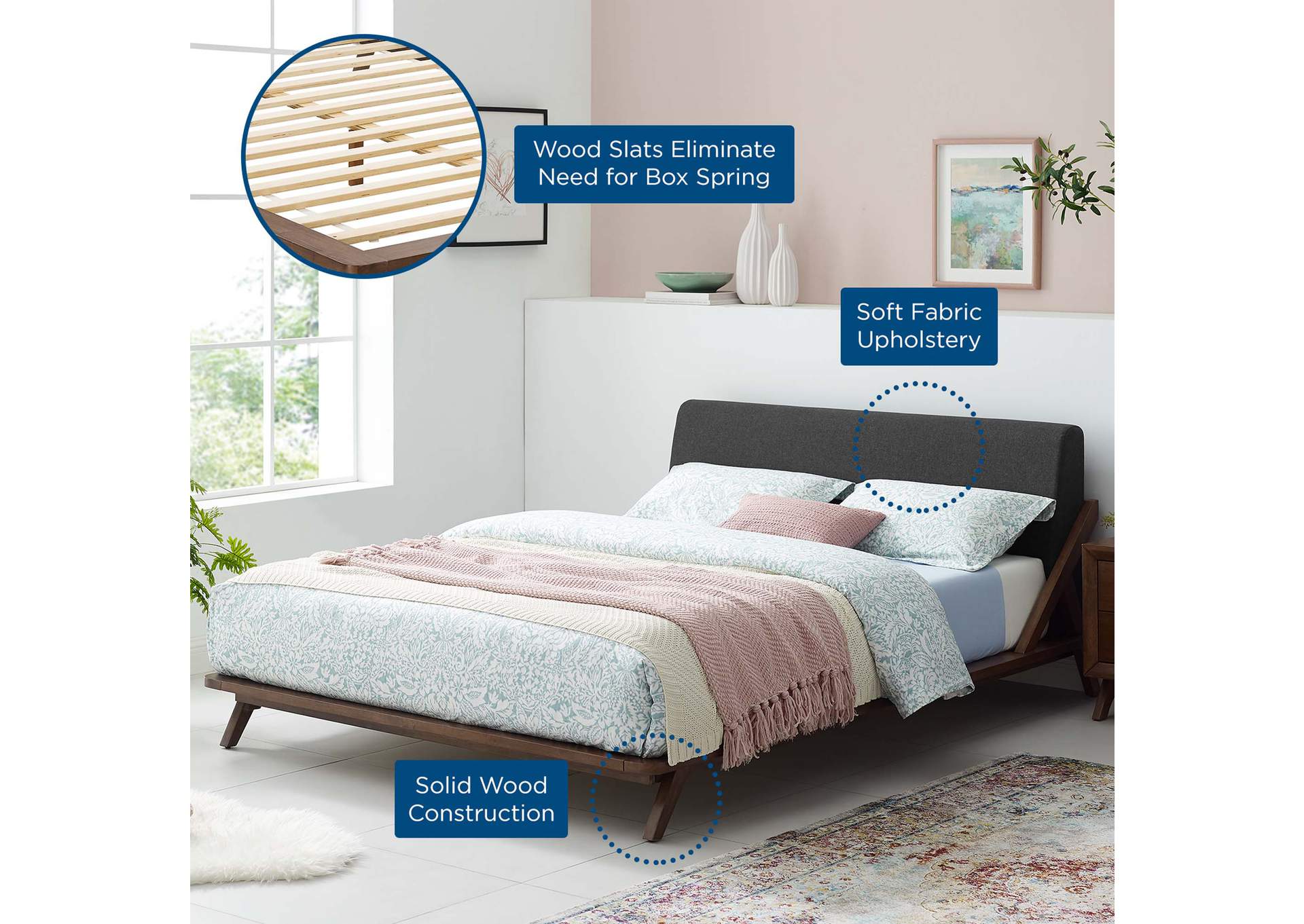 Walnut Gray Luella Queen Upholstered Fabric Platform Bed,Modway