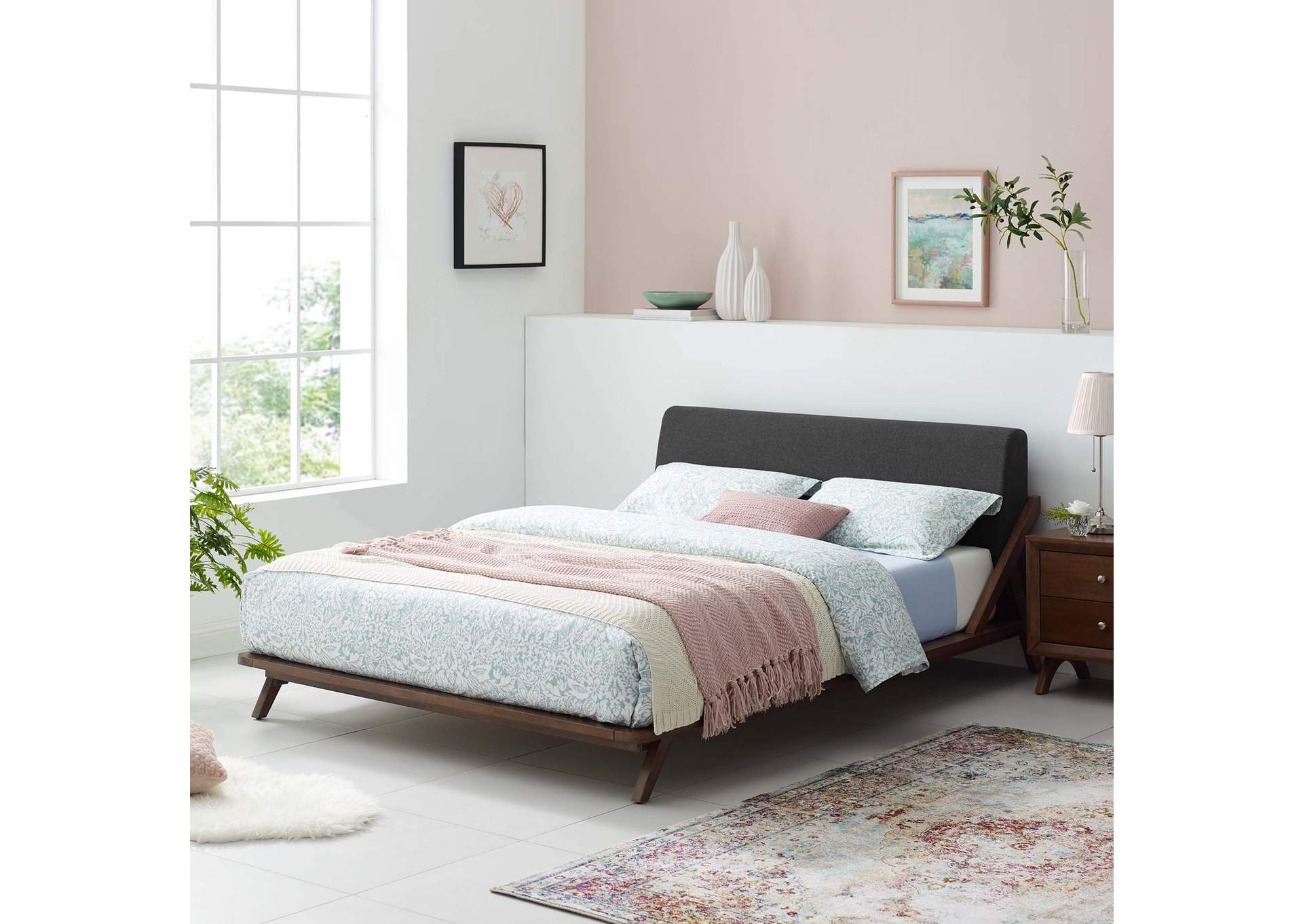 Walnut Gray Luella Queen Upholstered Fabric Platform Bed,Modway