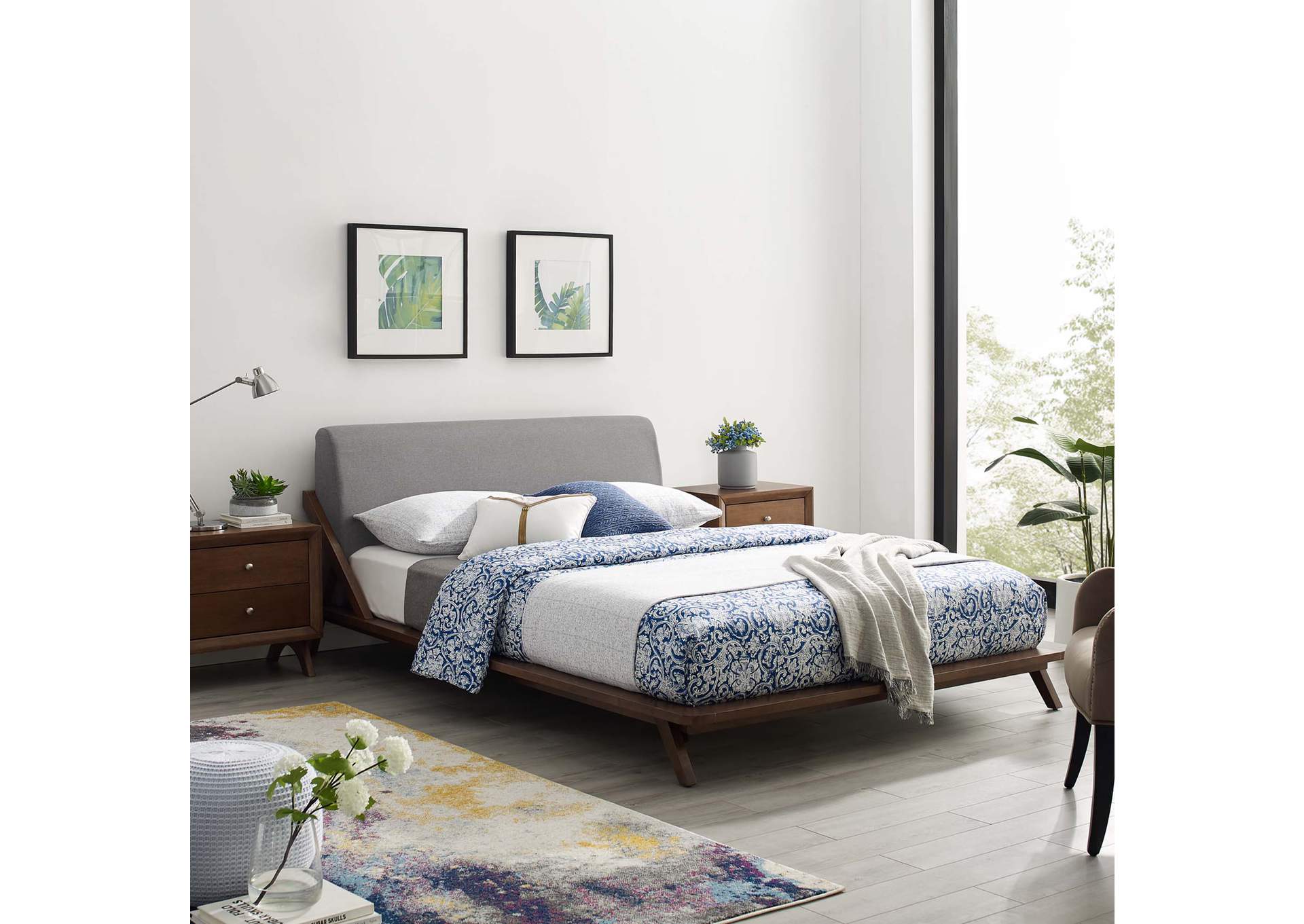 Walnut Light Gray Luella Queen Upholstered Fabric Platform Bed,Modway
