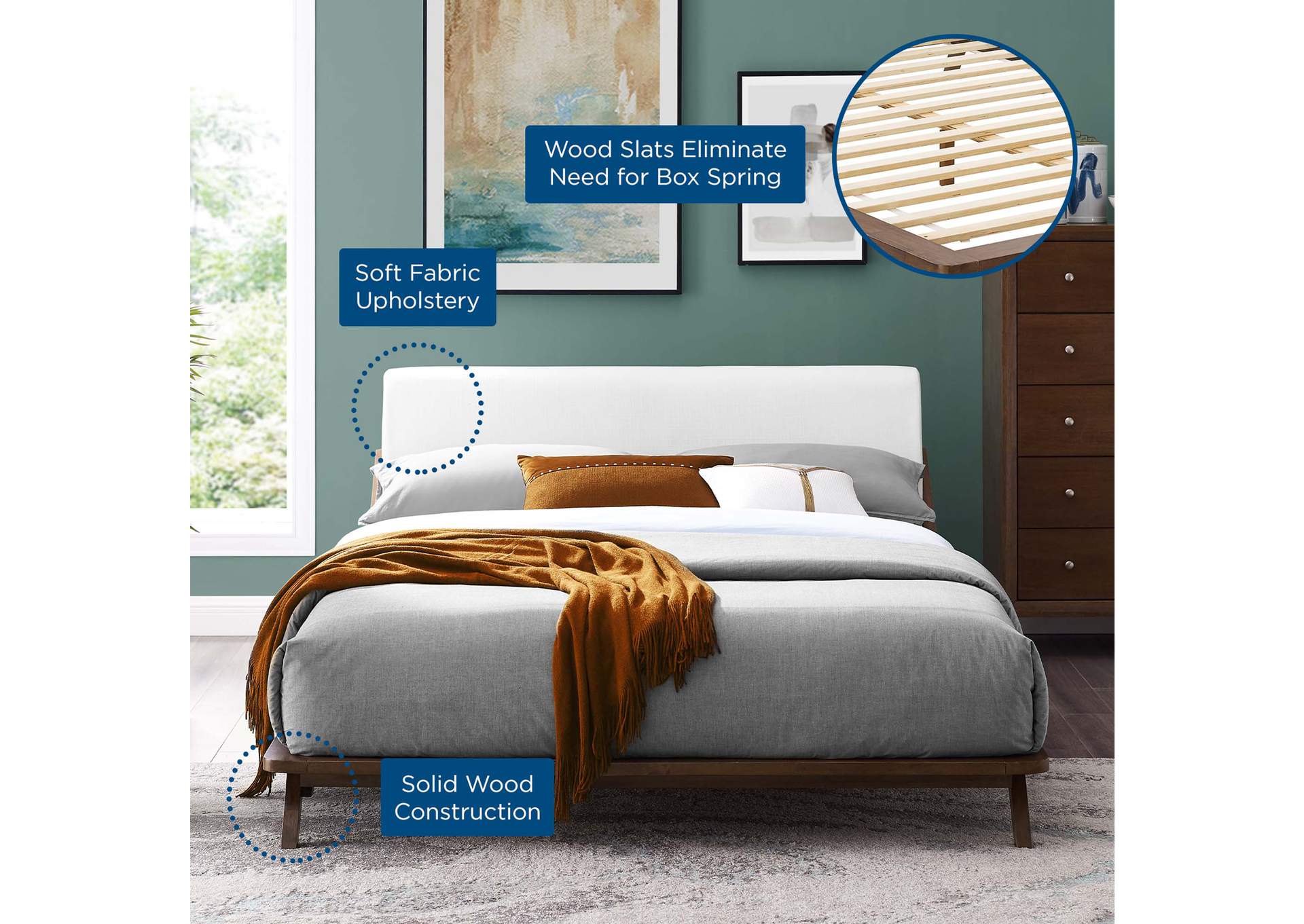 Walnut White Luella Queen Upholstered Fabric Platform Bed,Modway