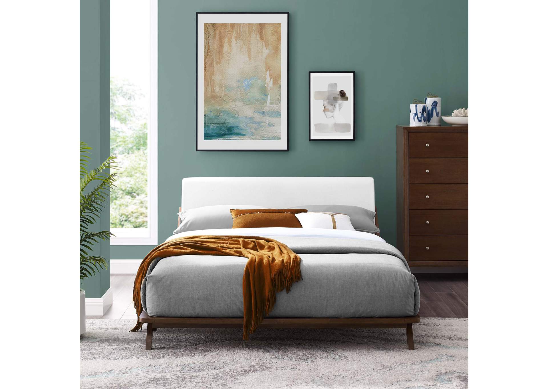 Walnut White Luella Queen Upholstered Fabric Platform Bed,Modway