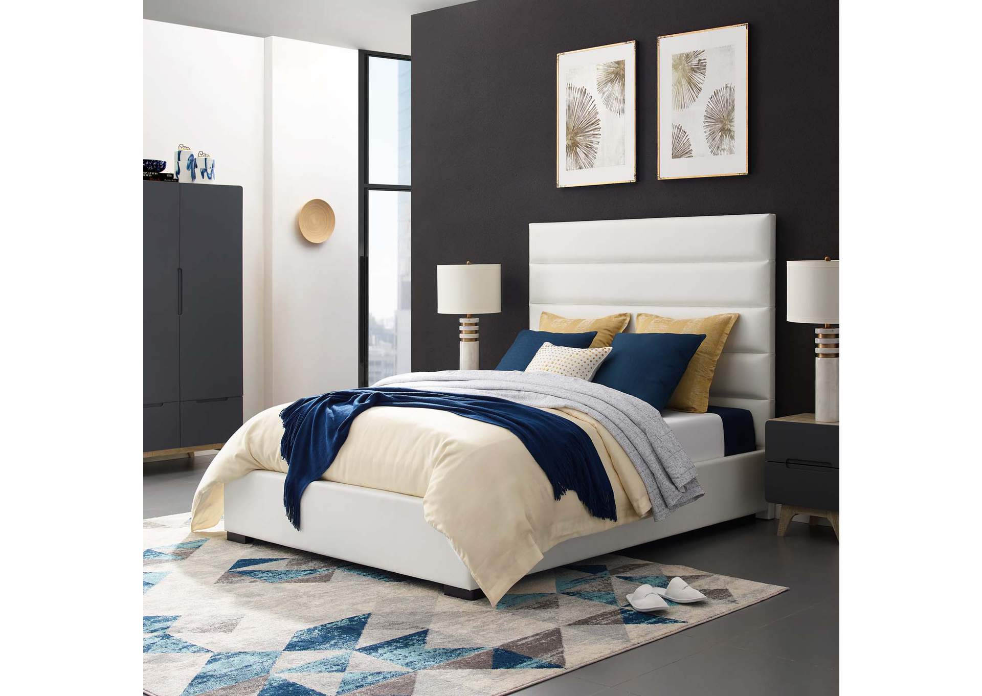 White Genevieve Queen Faux Leather Platform Bed,Modway