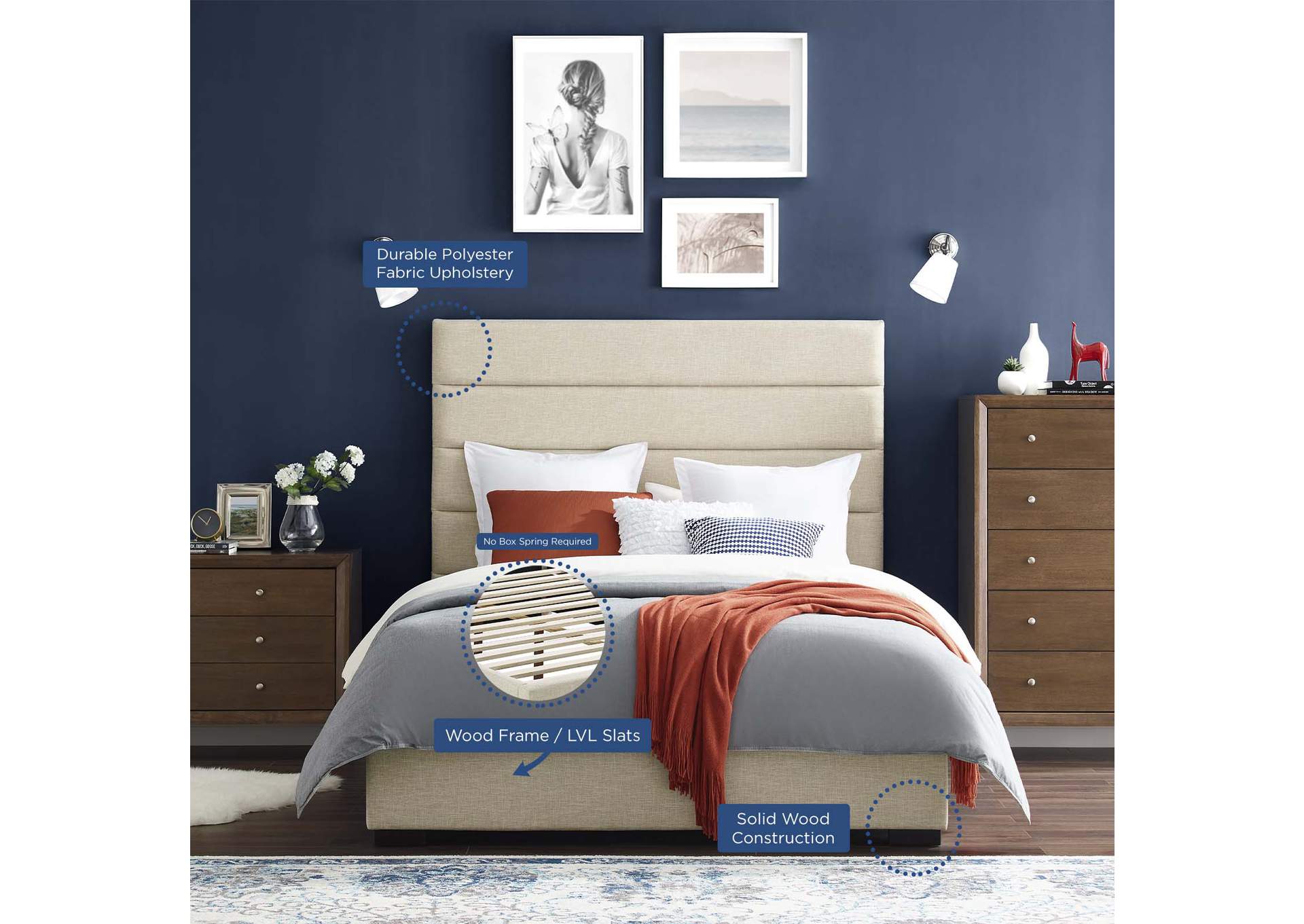 Beige Genevieve Queen Upholstered Fabric Platform Bed,Modway