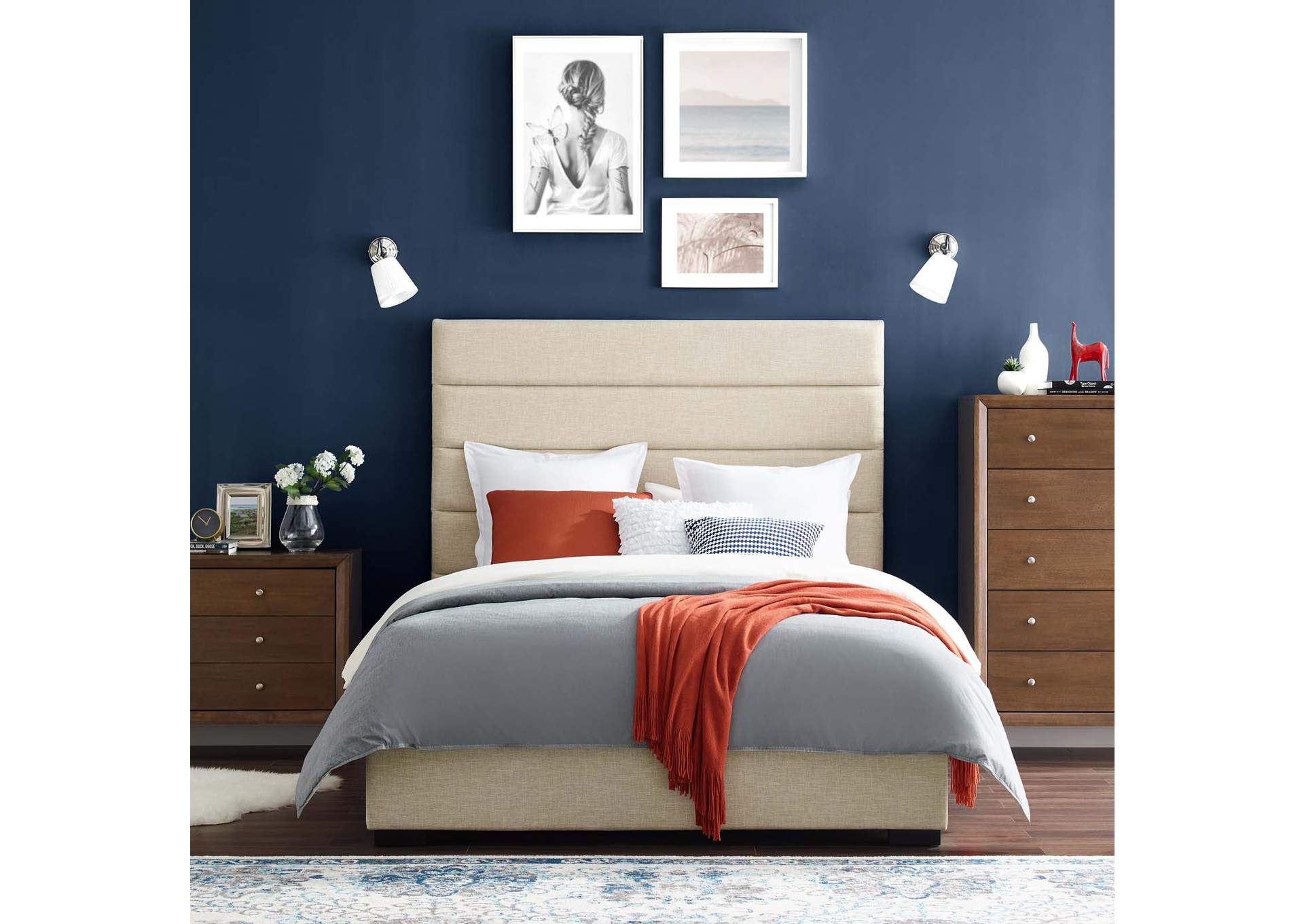 Beige Genevieve Queen Upholstered Fabric Platform Bed,Modway