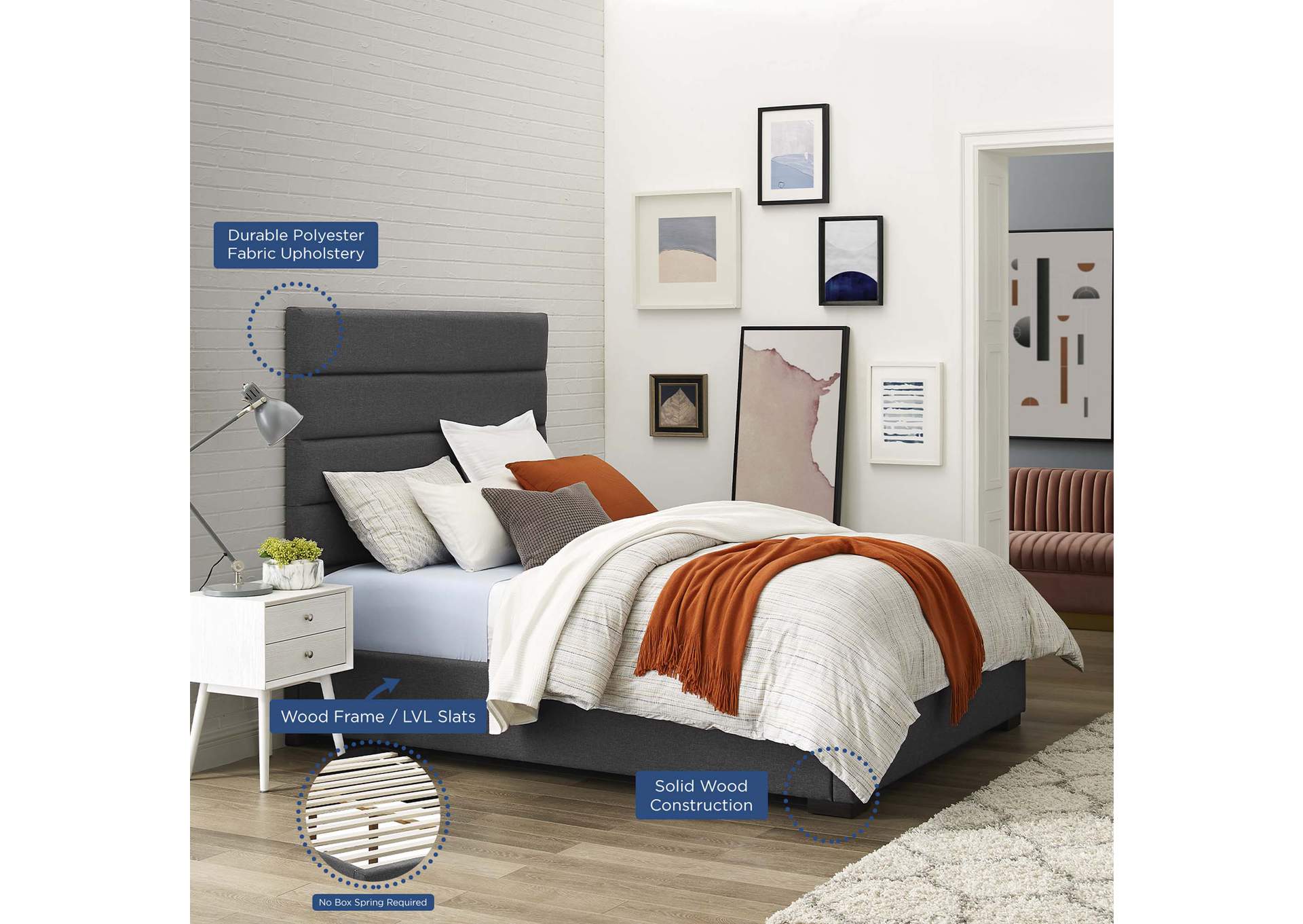 Gray Genevieve Queen Upholstered Fabric Platform Bed,Modway