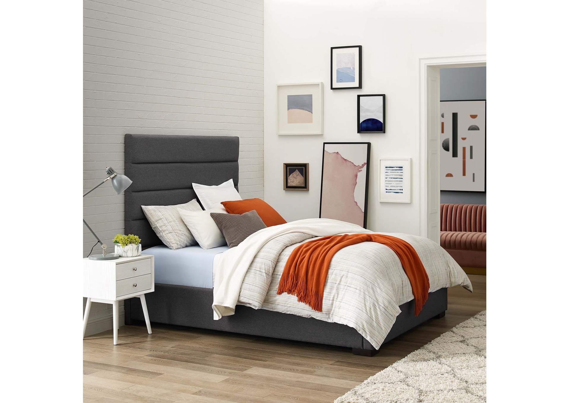 Gray Genevieve Queen Upholstered Fabric Platform Bed,Modway