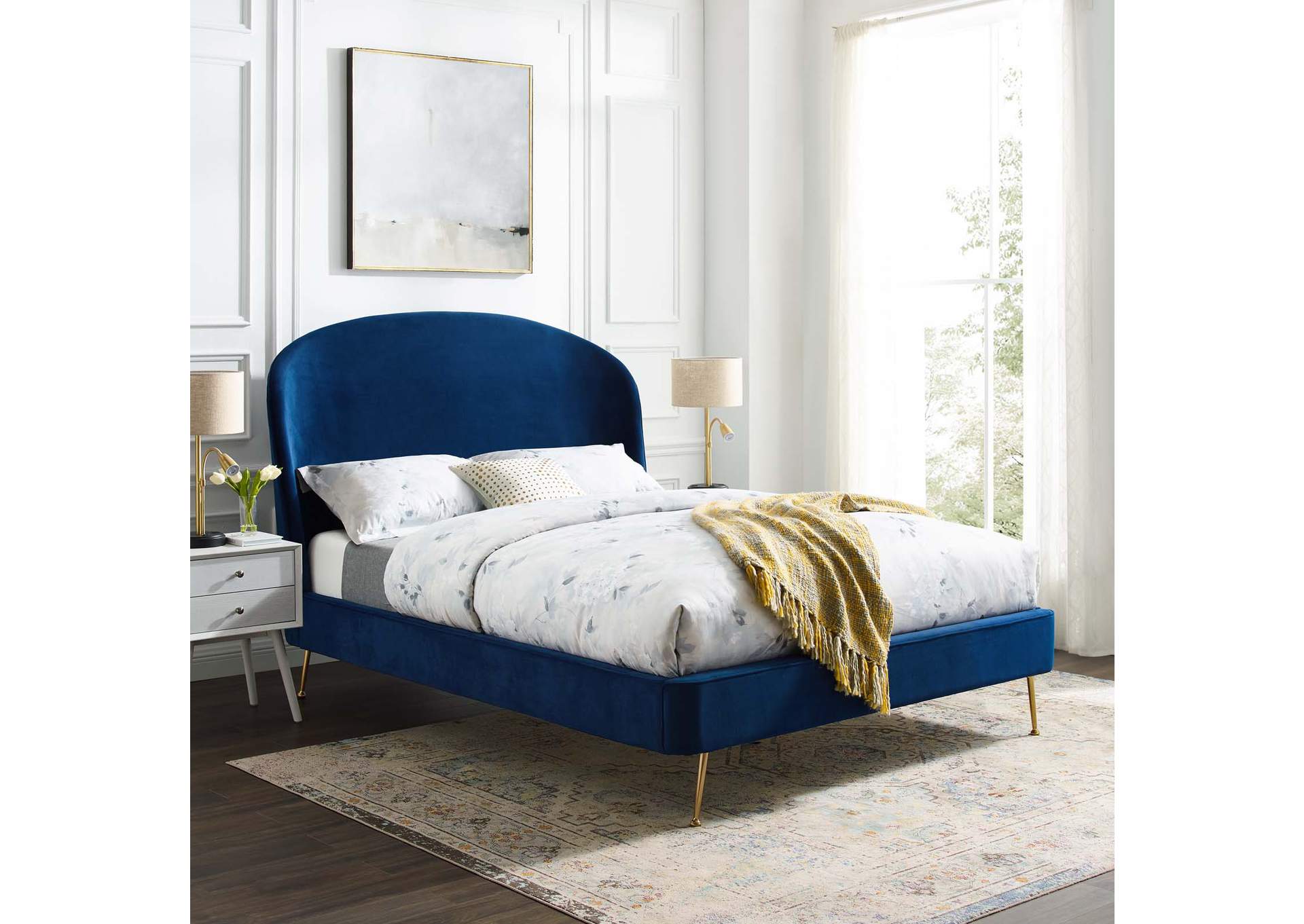 Navy Mira Upholstered Performance Velvet Queen Platform Bed,Modway
