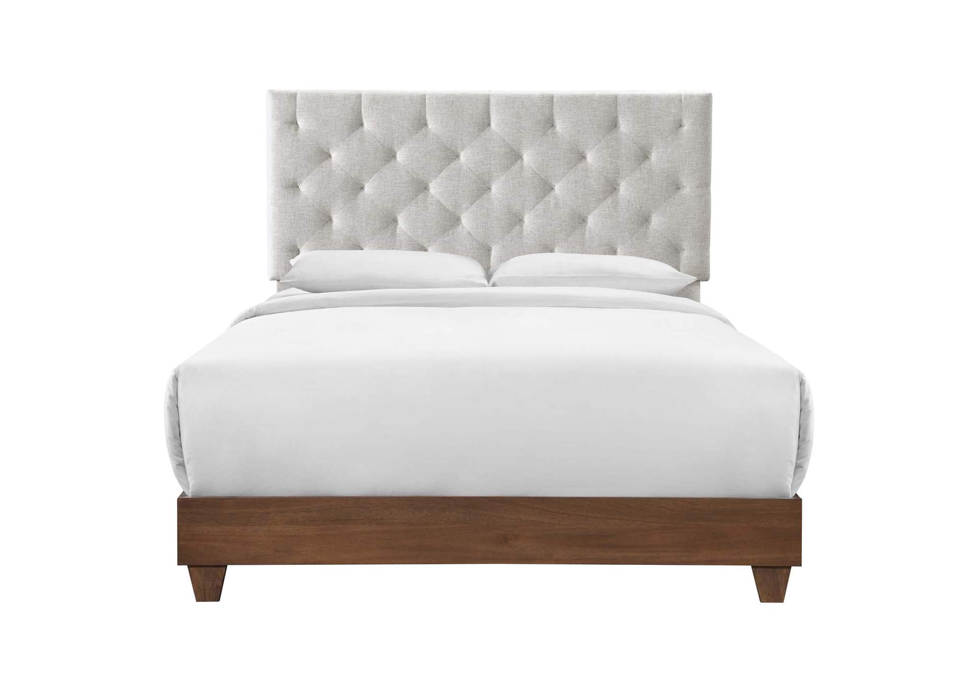 Walnut Beige Rhiannon Diamond Tufted Upholstered Fabric Queen Bed,Modway