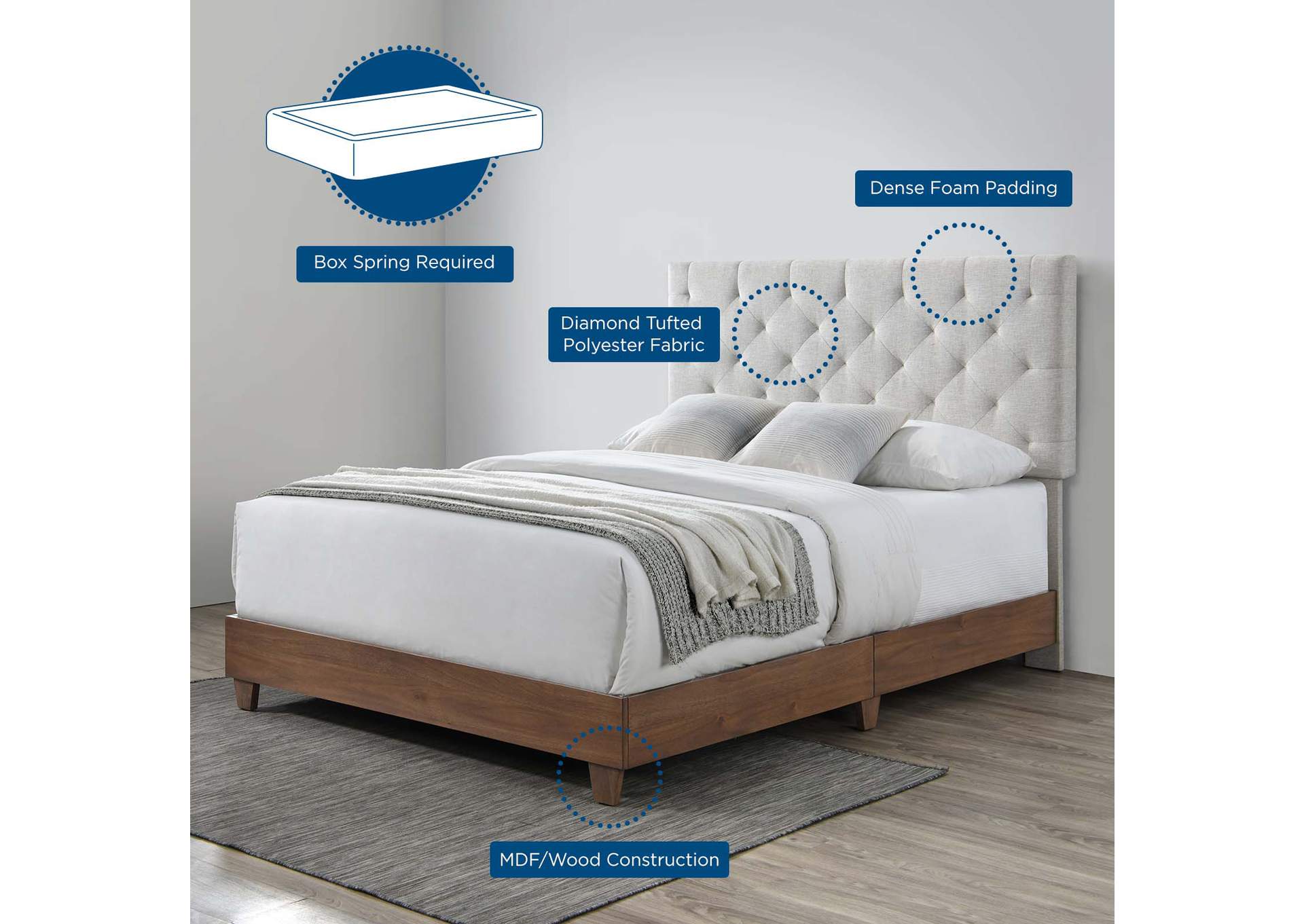 Walnut Beige Rhiannon Diamond Tufted Upholstered Fabric Queen Bed,Modway