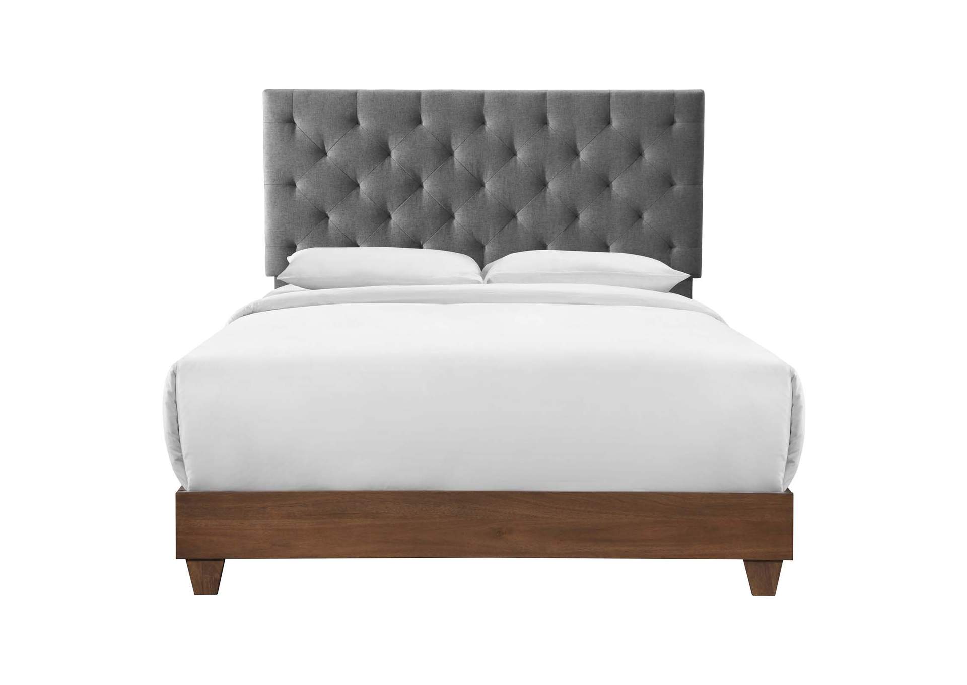 Walnut Gray Rhiannon Diamond Tufted Upholstered Fabric Queen Bed,Modway