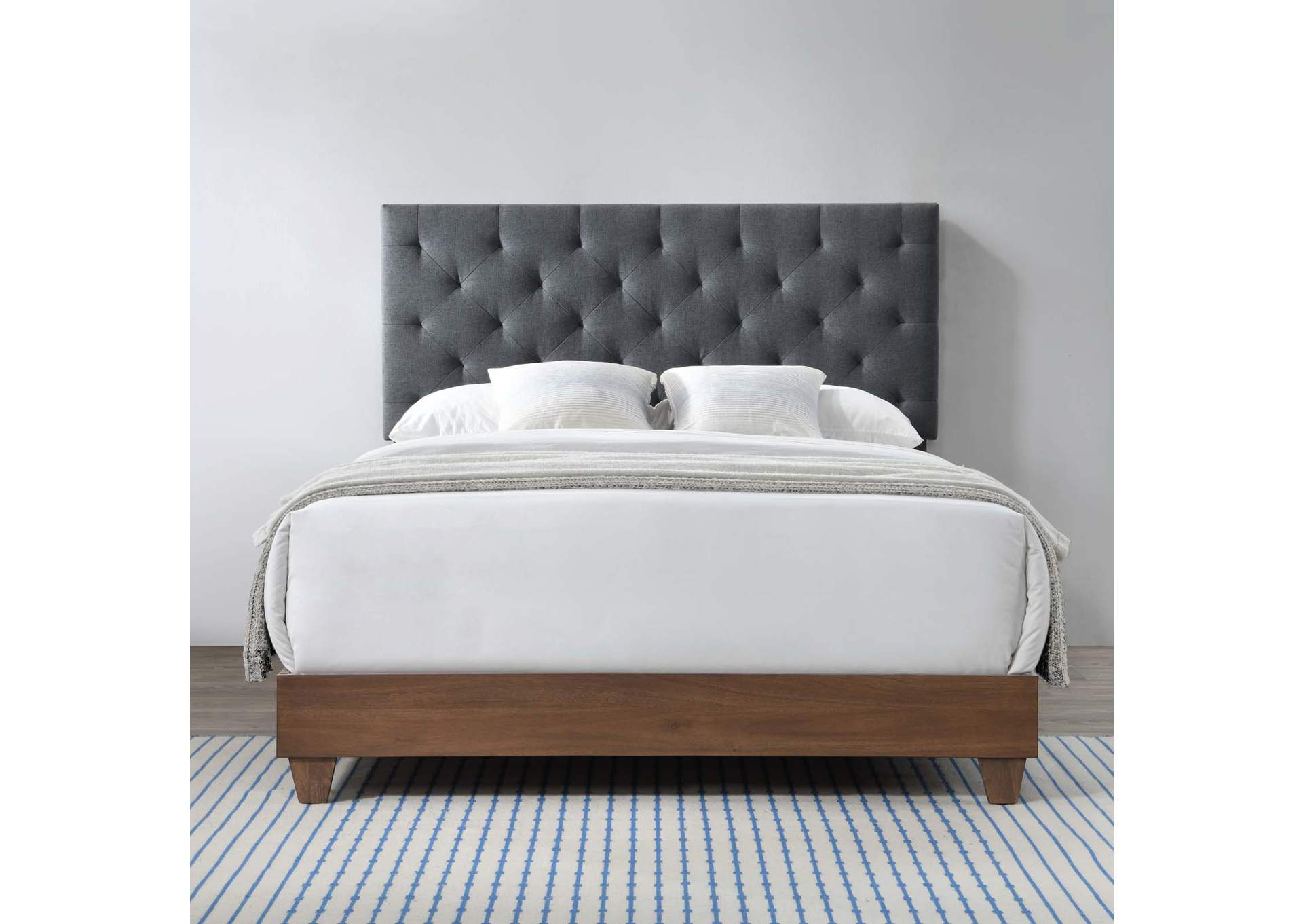 Walnut Gray Rhiannon Diamond Tufted Upholstered Fabric Queen Bed,Modway