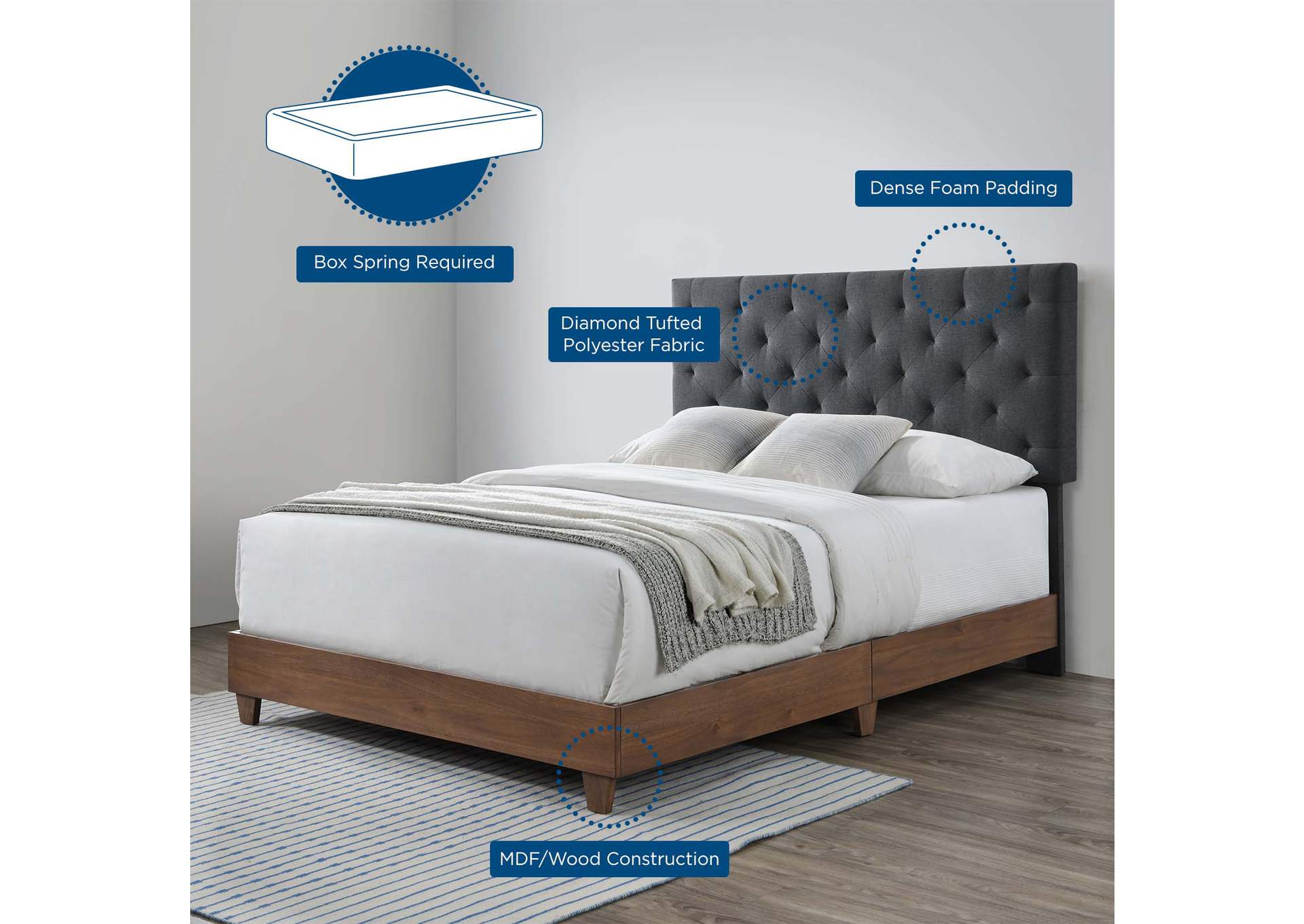 Walnut Gray Rhiannon Diamond Tufted Upholstered Fabric Queen Bed,Modway