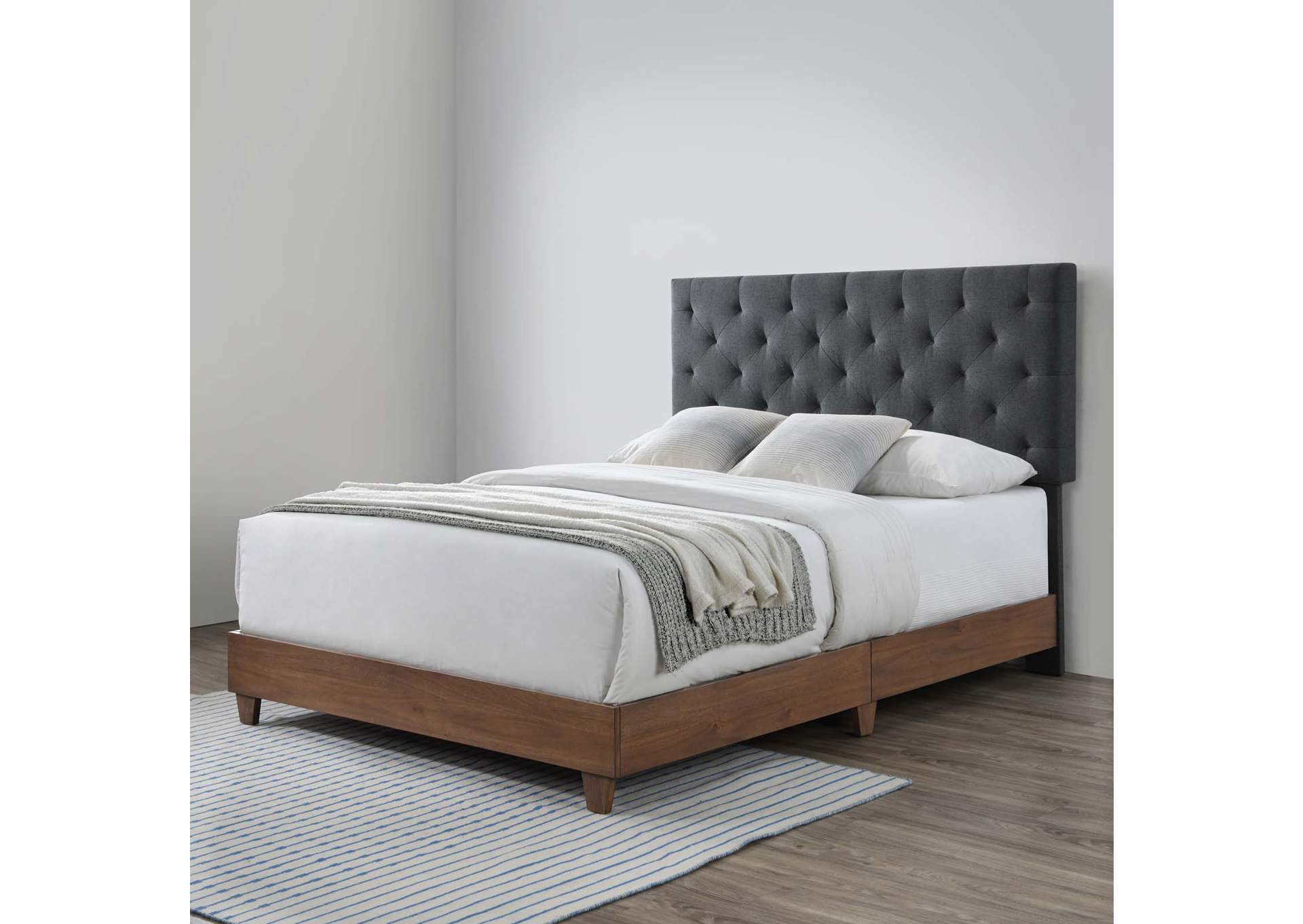 Walnut Gray Rhiannon Diamond Tufted Upholstered Fabric Queen Bed,Modway