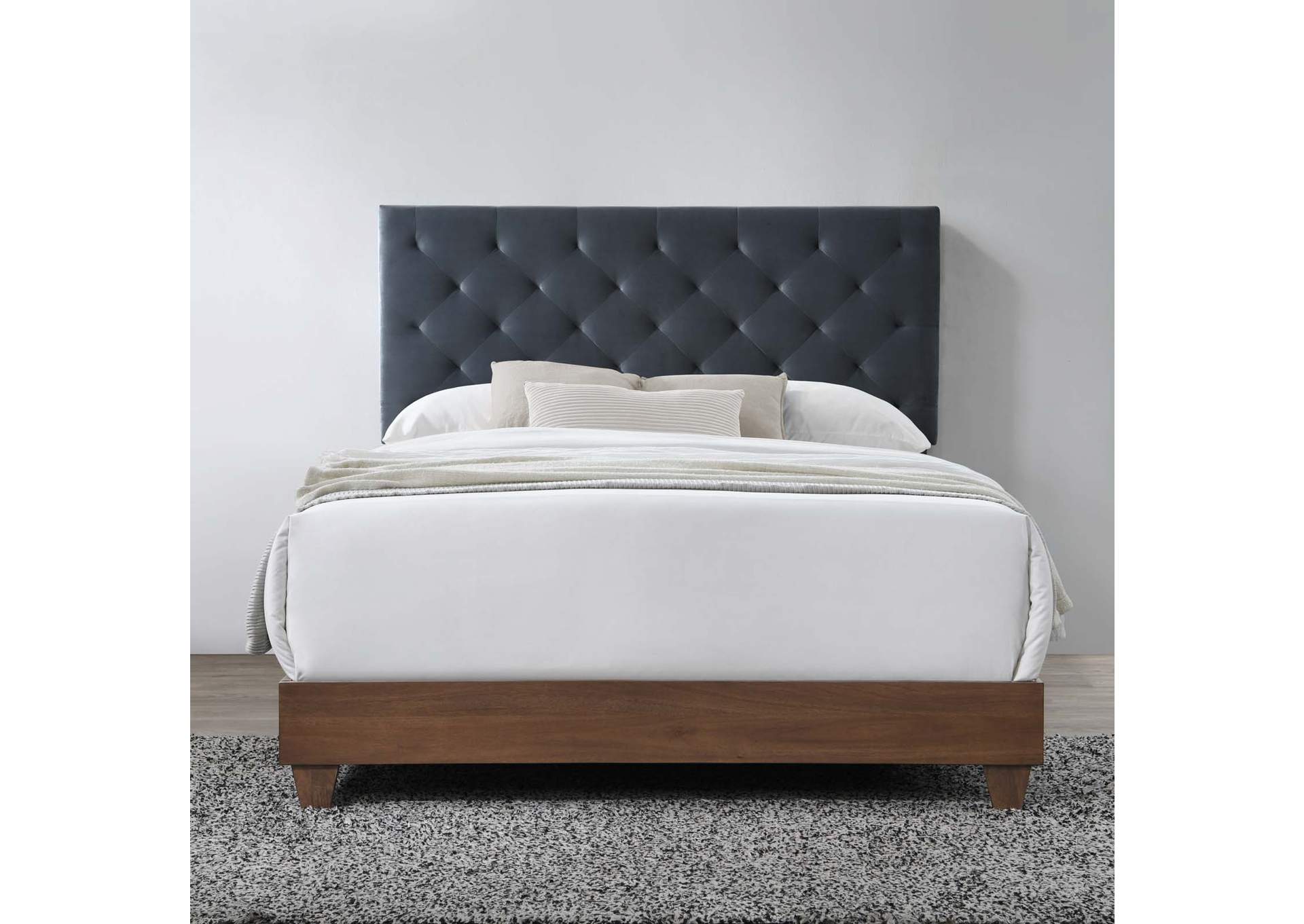 Walnut Charcoal Rhiannon Diamond Tufted Upholstered Performance Velvet Queen Bed,Modway