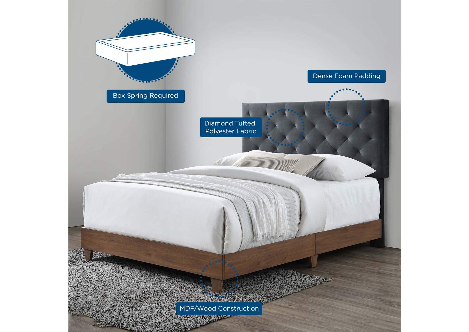 Walnut Charcoal Rhiannon Diamond Tufted Upholstered Performance Velvet Queen Bed,Modway