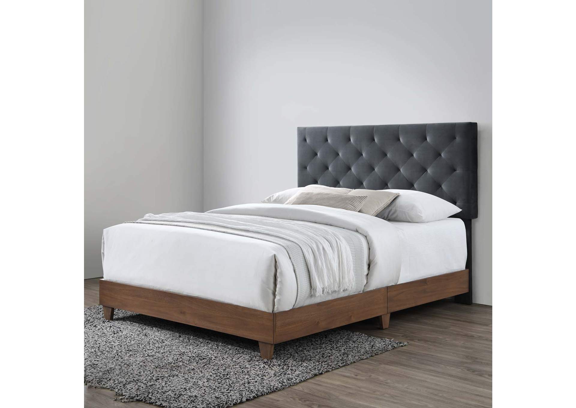 Walnut Charcoal Rhiannon Diamond Tufted Upholstered Performance Velvet Queen Bed,Modway