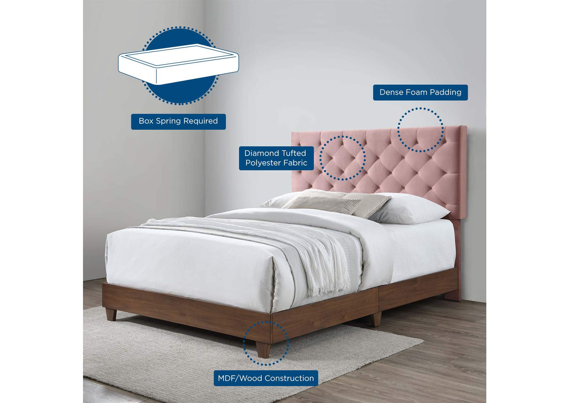 Walnut Dusty Rose Rhiannon Diamond Tufted Upholstered Performance Velvet Queen Bed,Modway