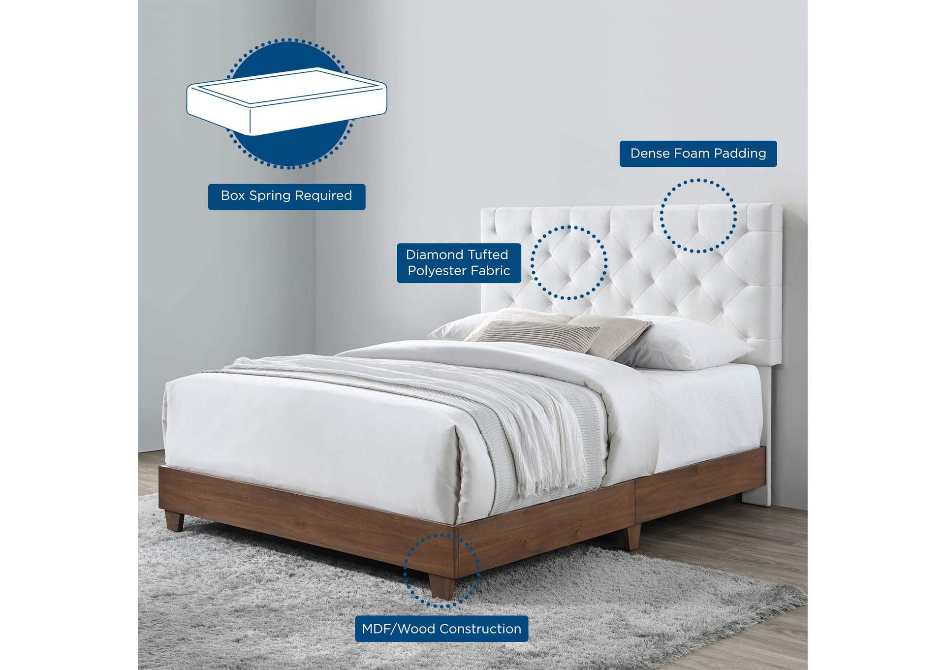 Walnut White Rhiannon Diamond Tufted Upholstered Performance Velvet Queen Bed,Modway