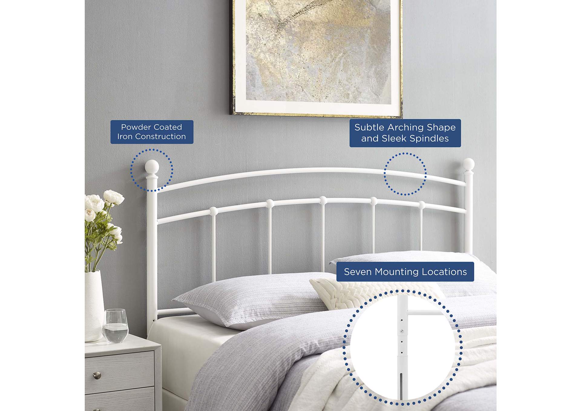 Abigail White Queen Metal Headboard,Modway