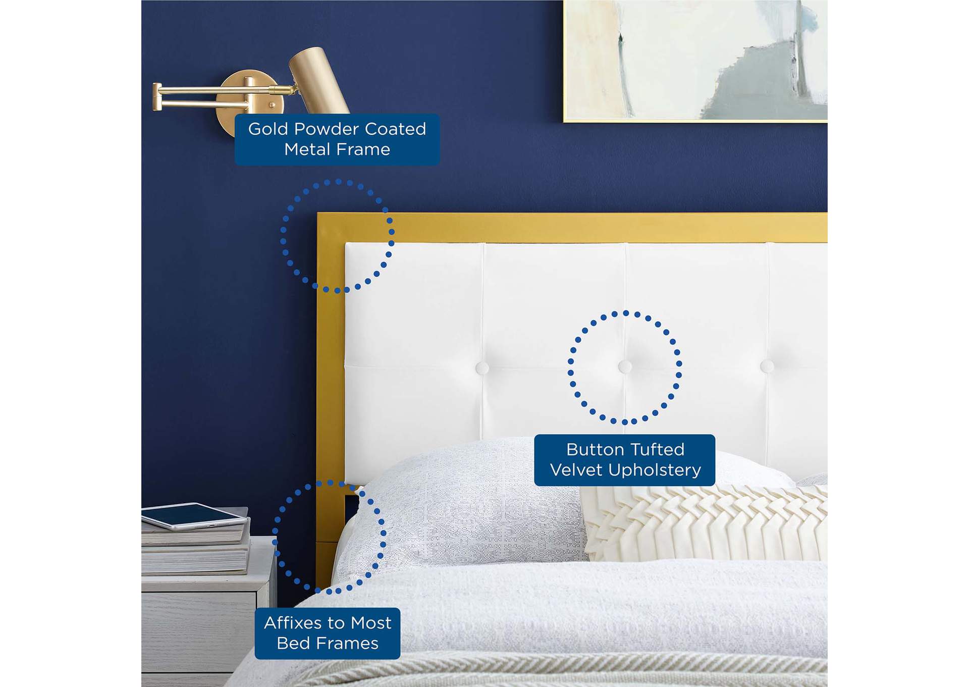 Teagan Gold White Tufted Queen Performance Velvet Headboard,Modway
