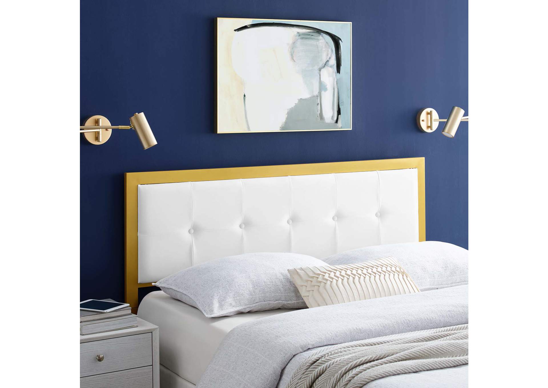 Teagan Gold White Tufted Queen Performance Velvet Headboard,Modway