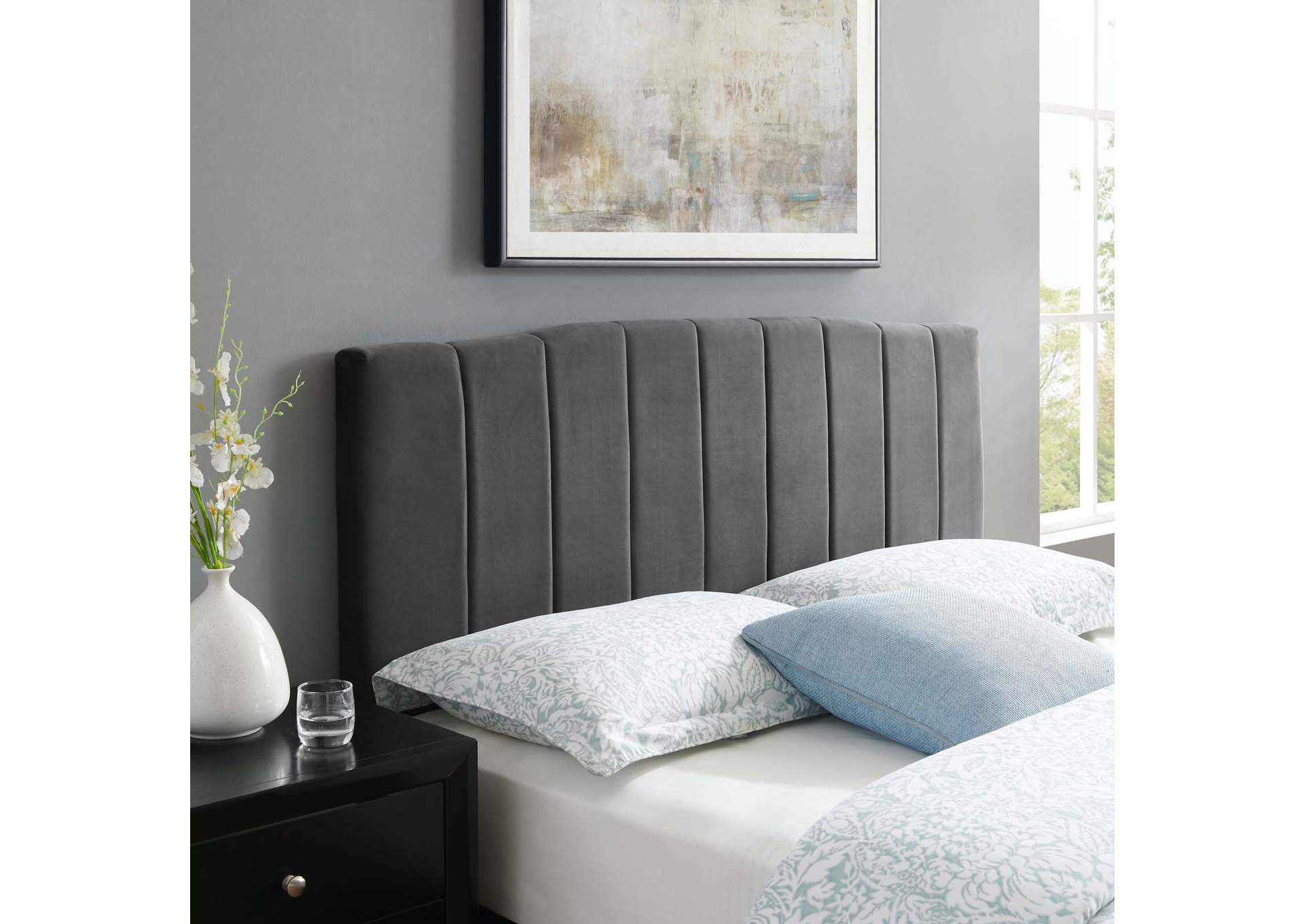 Camilla Charcoal Channel Tufted Full/Queen Performance Velvet Headboard,Modway