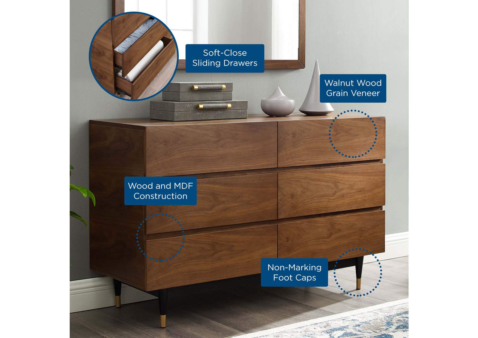 Walnut Caima 6-Drawer Dresser,Modway