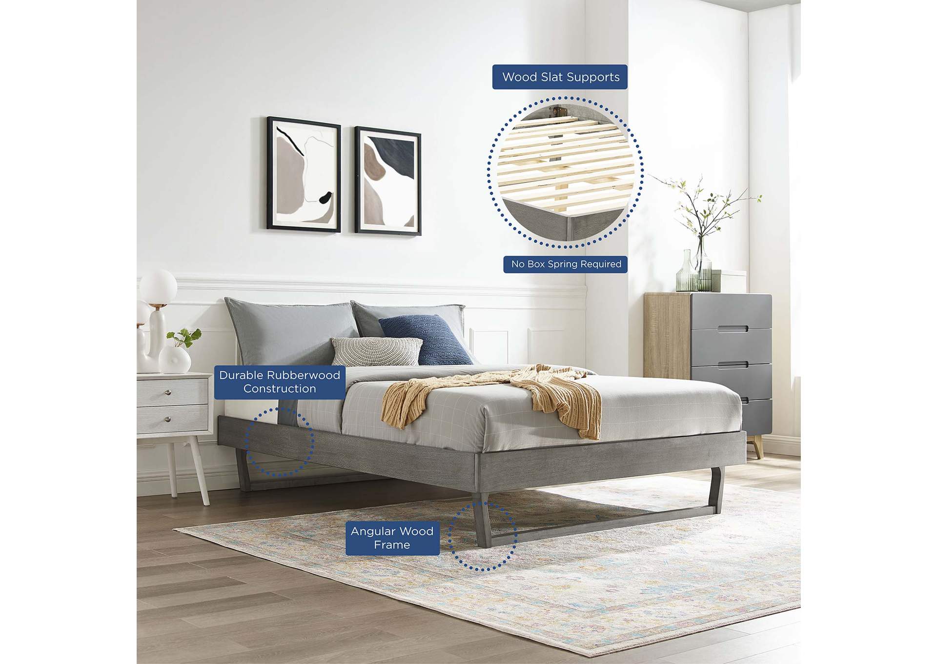 Gray Billie Queen Wood Platform Bed Frame,Modway