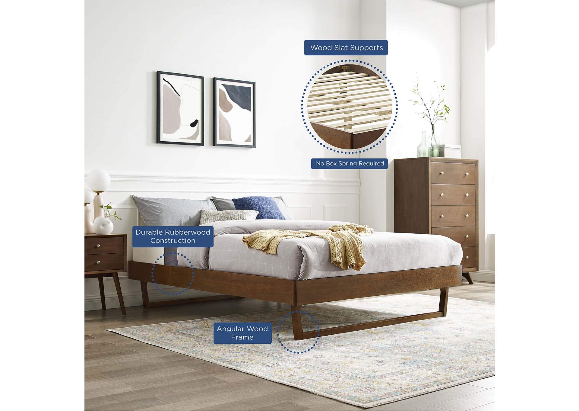 Walnut Billie Queen Wood Platform Bed Frame,Modway